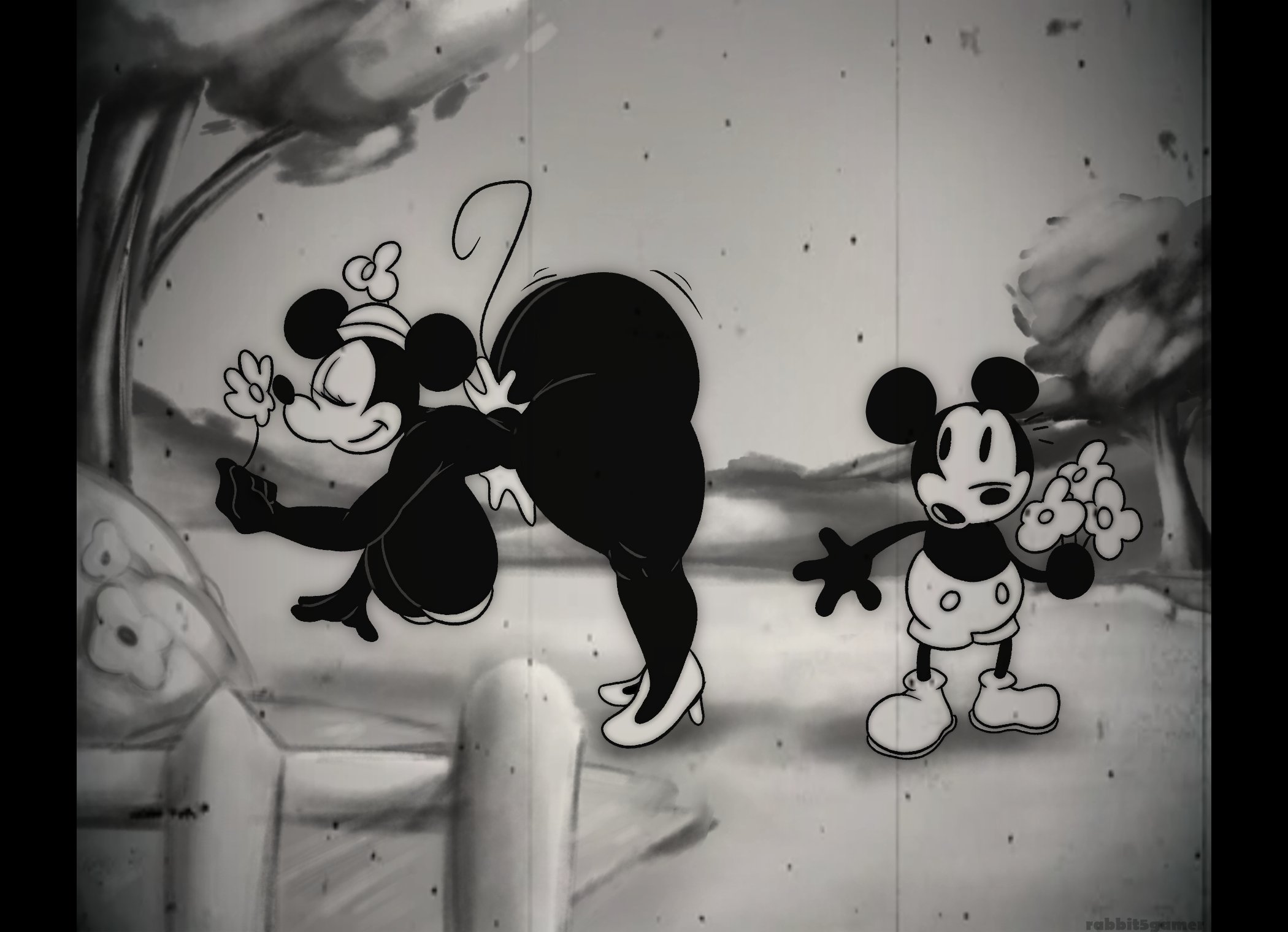 1920s, 1boy, 1girls, anthro, anthropomorphic, artstyle imitation, ass, ass bigger than head, big ass, black and white hair, clothed male, completely nude female, disney, doggy style, female, flapper, flower, looking at ass, male, mickey mouse, minnie, minnie mouse, mouse, mouse boy, mouse girl, mouse humanoid, naked, naked female, public domain, rabbit5gamer, tail, thick thighs, thighs, tree