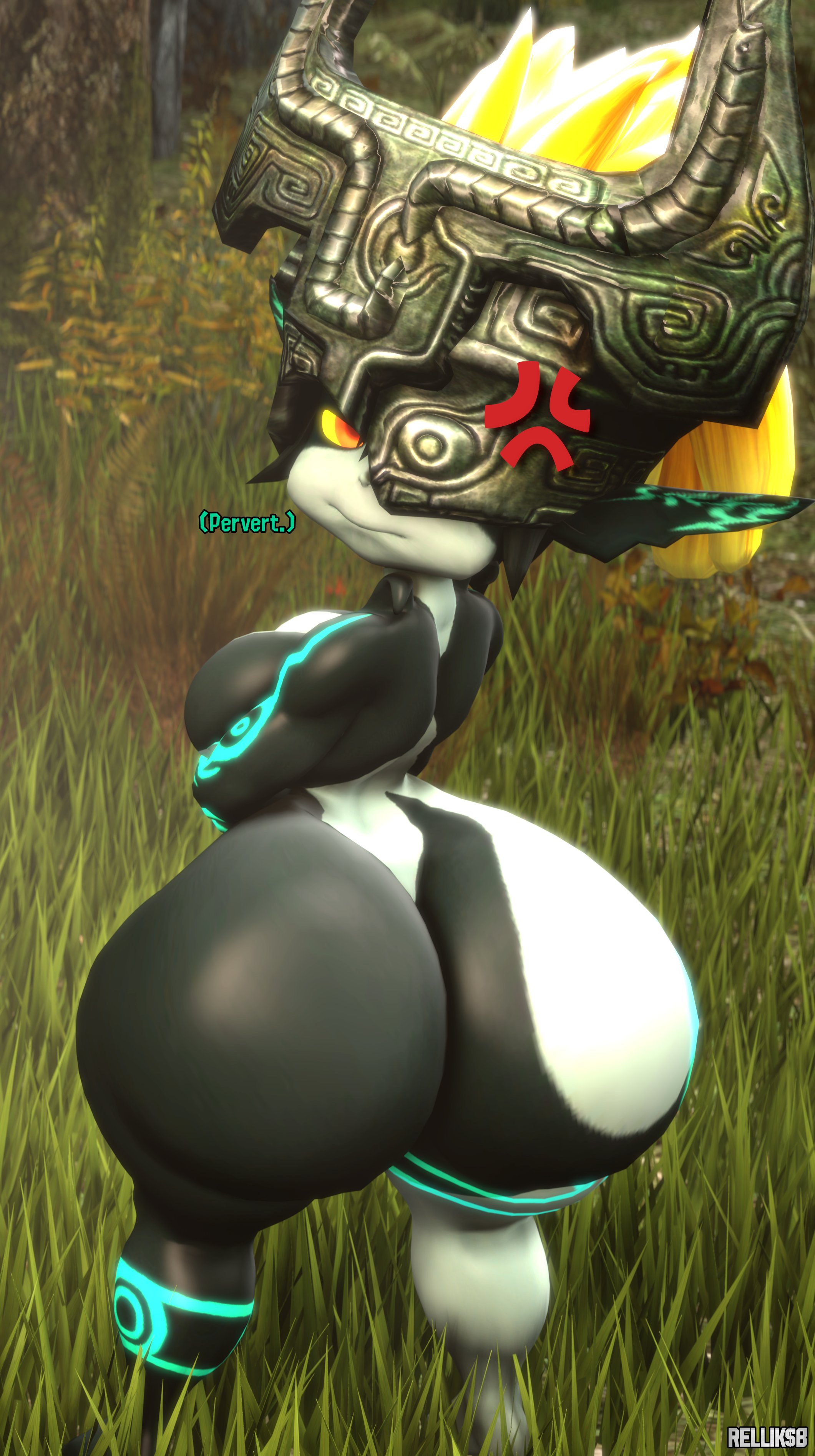 1girls, 3d, 3d (artwork), anger vein, arms crossed, arms crossed under breasts, ass, ass focus, big ass, bottom heavy, breasts, bubble butt, dialogue, fat ass, female, female only, gluteal fold, huge ass, imp midna, large ass, looking at viewer, looking back, mask, massive ass, midna, orange hair, outdoors, pout, pouting, relliksb, shortstack, solo, talking to viewer, text, the legend of zelda, thick ass, thick thighs, thunder thighs, twilight princess, wide hips