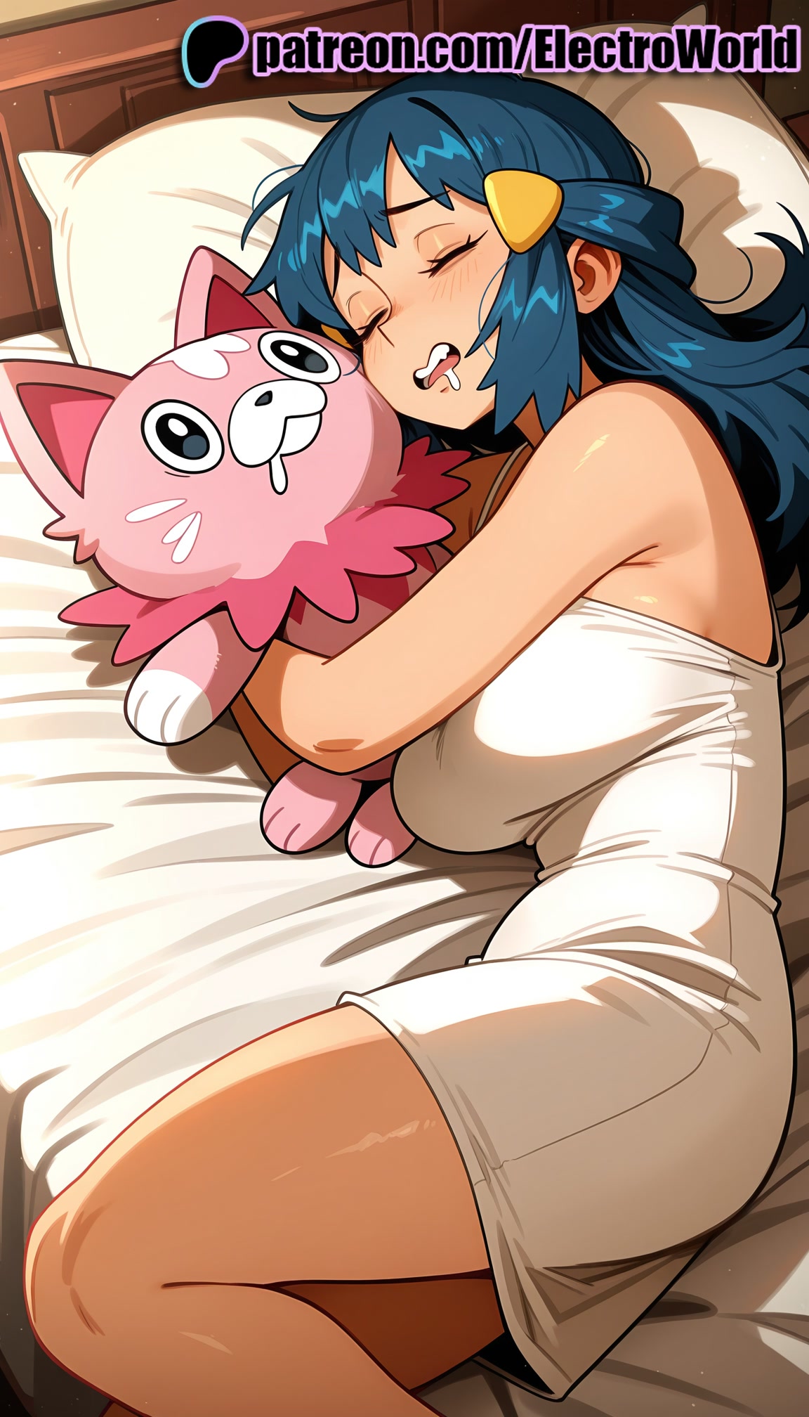 1girls, 2025, ai generated, artist name, bed, blue hair, dawn (pokemon), electroworld, english text, female, hi res, high quality, high resolution, highres, long hair, lying, on bed, patreon, patreon username, pillow, pokemon, pokemon (creature), sleeping, stable diffusion, watermark