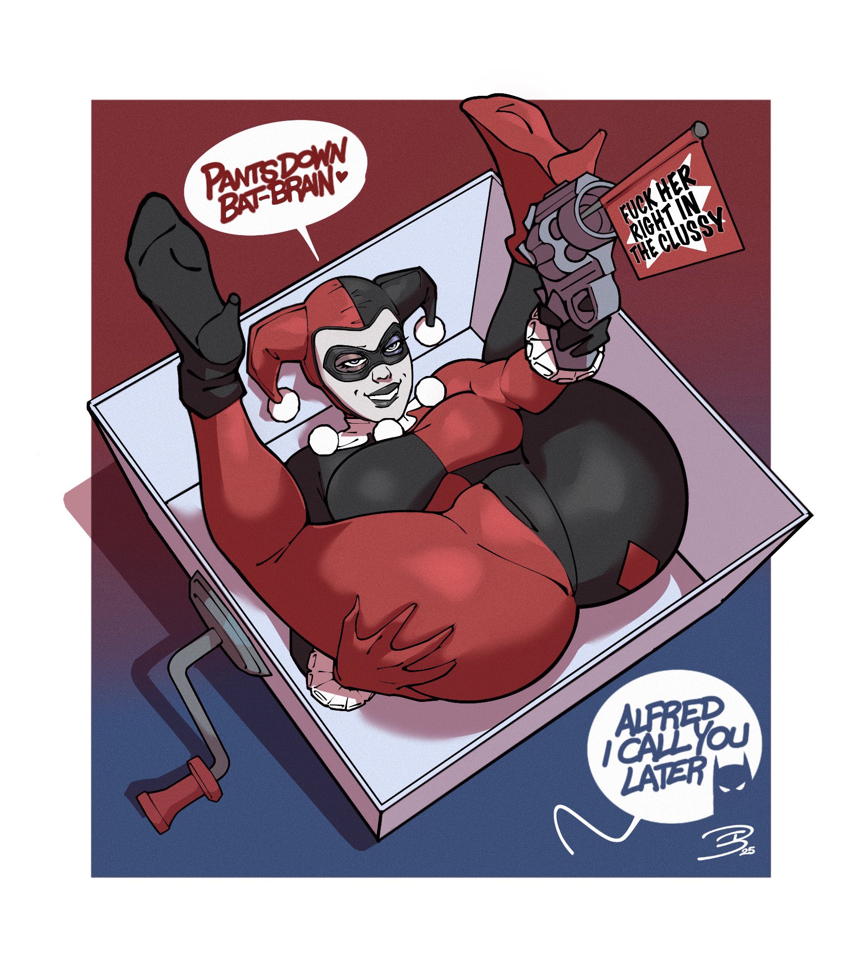 1girls, artist signature, batman, batman (series), big ass, big breasts, big thighs, bodysuit, box, breasts, busty, clothed, clothed female, curvaceous, dc, dc comics, digital media (artwork), english text, fake gun, female, female focus, female only, gun, harley quinn, harley quinn (classic), high heels, hips, huge ass, huge breasts, jack in the box (toy), jerkoff visual assistance, large ass, large breasts, non-nude, offscreen character, pretzel position, slim waist, solo, speech bubble, suggestive, theweirdibi, thick, thick hips, thick legs, thick thighs, thighs, villain, villainess, voluptuous, voluptuous female, waist, wide hips
