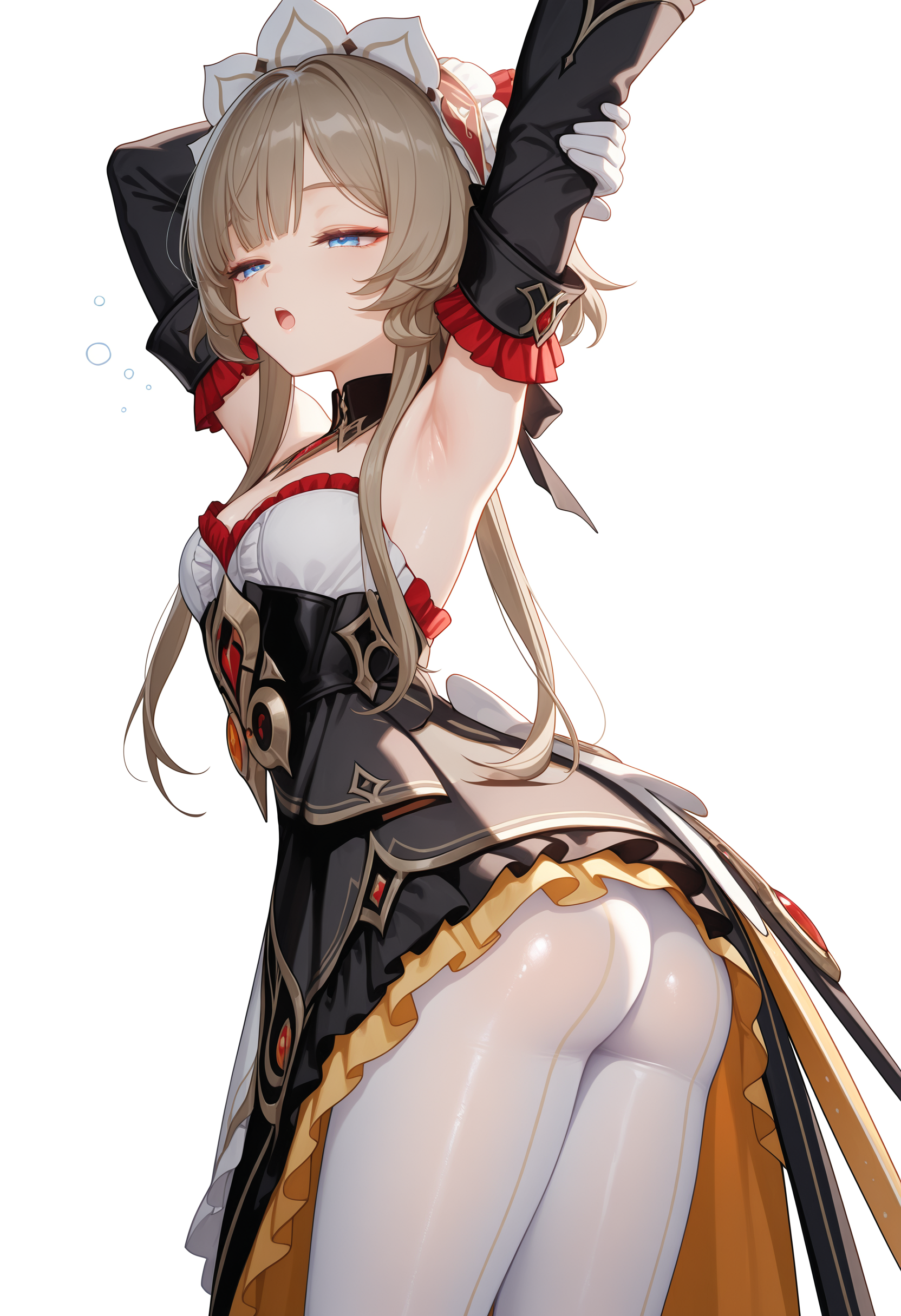 ai generated, ass, bare shoulders, blue eyes, blush, breasts, brown hair, detached sleeves, dress, female, from behind, genshin impact, gloves, half-closed eyes, headdress, open mouth, pantyhose, sandrone (genshin impact), short hair with long locks, solo, stretching, yawning