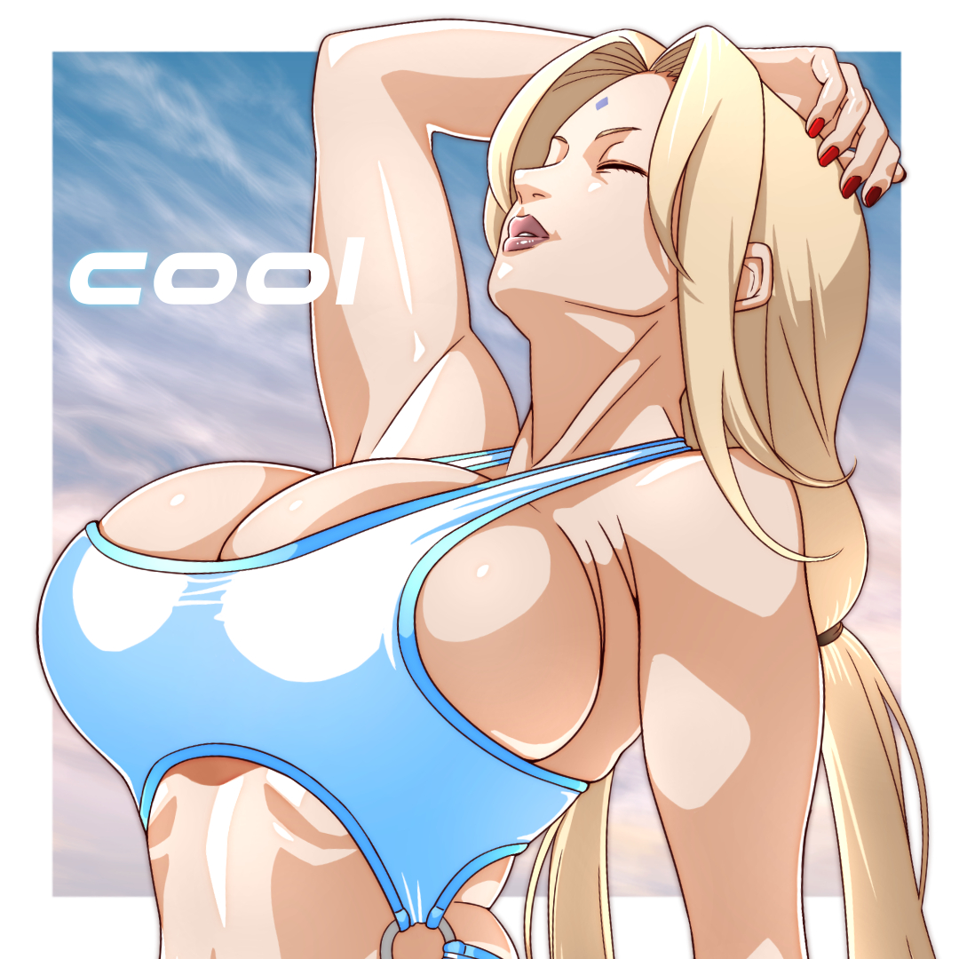 1girls, 2d, adapted costume, bent over, big breasts, bikini, blonde hair, blue sky, breasts, busty, center opening, closed eyes, clouds, dutch angle, female, from below, front view, full color, highleg, highleg bikini, highres, hourglass figure, huge breasts, large breasts, legs together, lipstick, long hair, makeup, mature, mature female, midriff, milf, nail polish, naruto, naruto (series), naruto shippuden, ocean, outdoors, pinup, revealing swimsuit, saburo des, shiny, shiny hair, shiny skin, skimpy, skimpy bikini, solo, solo female, sunlight, swimsuit, thick thighs, thighs, tsunade, twintails, upper body, very long hair, voluptuous, water, wide hips