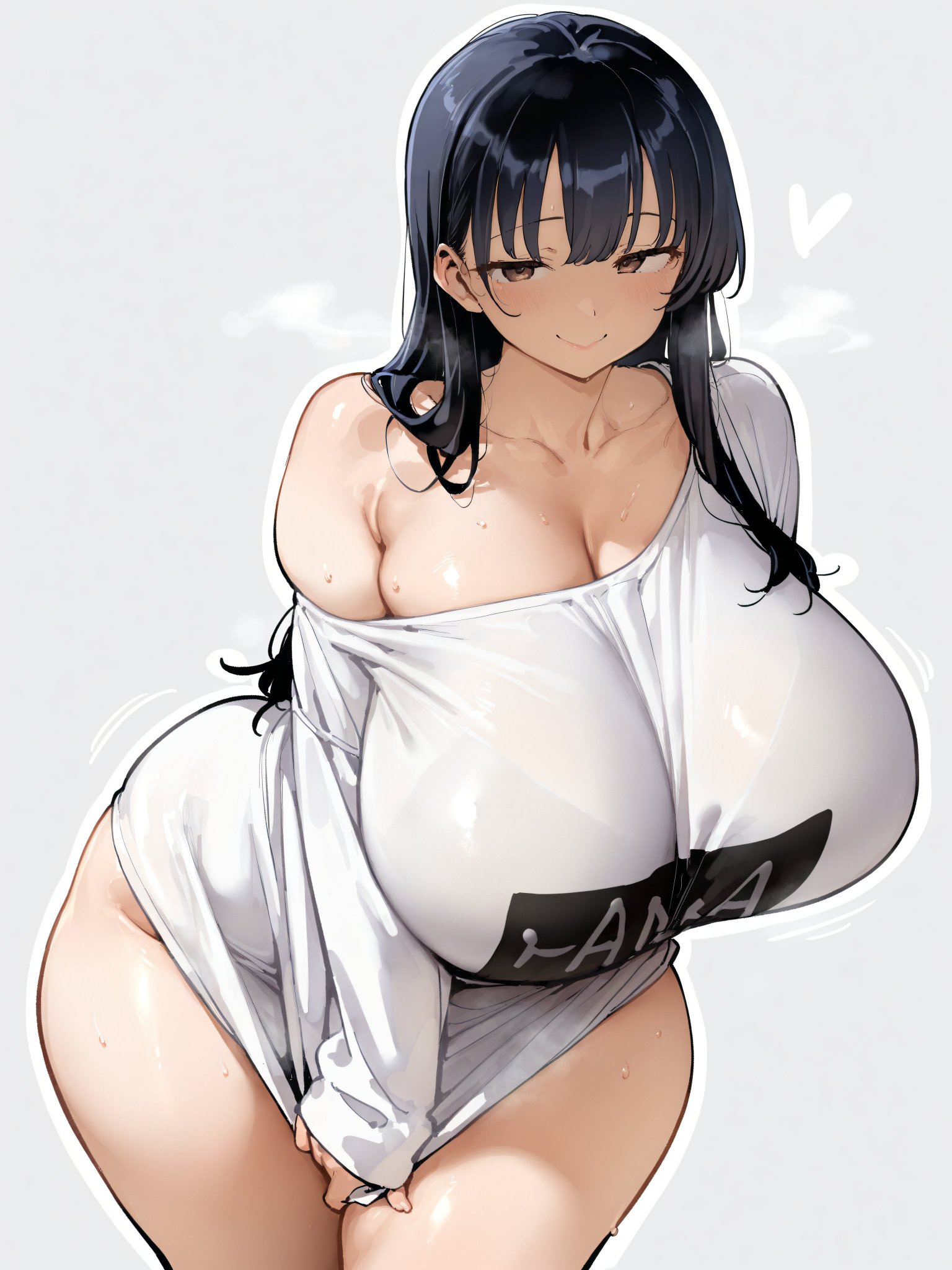 ai generated, asian, asian female, bare thighs, black hair, boku no kokoro no yabai yatsu, breasts, brown eyes, female, gigantic breasts, huge breasts, huge thighs, light skin, light-skinned female, long hair, looking at viewer, massive breasts, oatmealdood, oiled body, oiled skin, shirt only, smiling, solo female, squatting, sweat, sweatdrop, thick body, thick female, thick thighs, thighs, voluptuous, voluptuous female, yamada anna