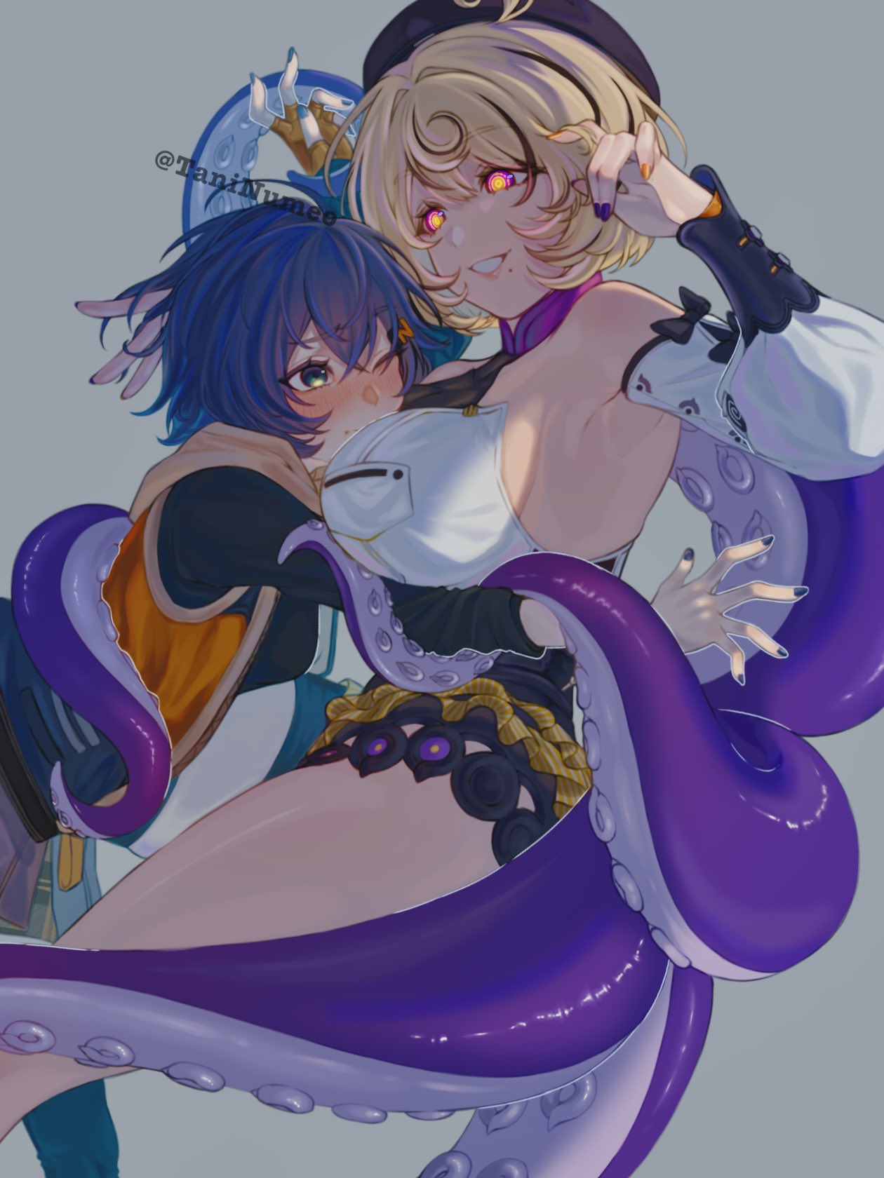 2girls, armpit, artist name, belle (zenless zone zero), big breasts, big thighs, blonde female, blonde hair, blue hair, blue nails, blush, booty shorts, breasts, button down shirt, buttons, crazy eyes, crazy smile, detached sleeves, exposed shoulders, face in breasts, female, female only, fingerless gloves, fingernails, frilled shorts, fully clothed, gloves, glowing eyes, hat, high waisted shorts, hoyoverse, human on humanoid, impending sex, jacket, long sleeve shirt, looking at partner, looking down, looking down at partner, looking into eyes, looking up, looking up at partner, mole, mole under mouth, multicolored eyes, nail polish, nervous, octopus girl, one eye closed, pulled by another, pulled in, purple eyes, purple nails, scary face, shirt pocket, short hair, shorts, simple background, skirt, smile, smiling, suction cup, tail, tails, tani numeo, tentacle, tentacle around arm, tentacle around body, tentacle on breast, tentacle on female, tentacle tail, tentacle tails, tentacle wrapped around arm, thighhighs, thighs, thiren, toothy grin, turquoise eyes, yidhari murphy, yuri, zenless zone zero