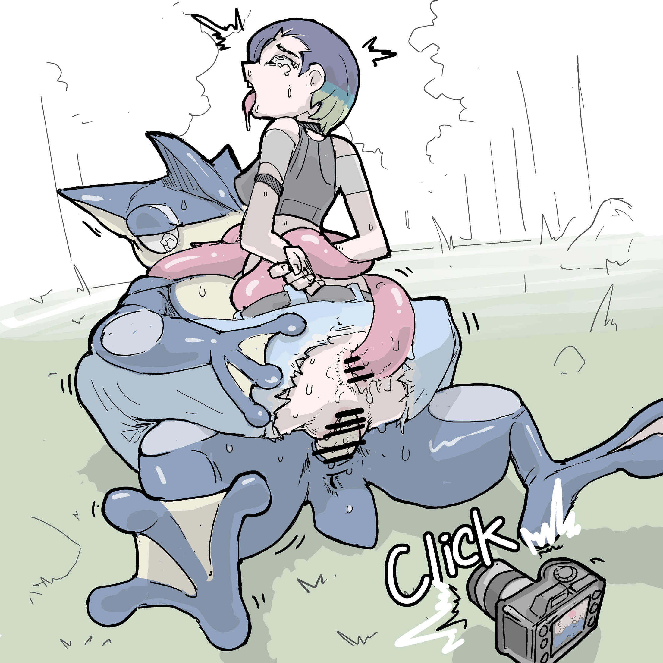 1boy, 1girls, anal, anal sex, anthro, anus, ass, belt, blue skin, blue-skinned male, camera, camera flash, censored, crop top, dominant, dominant male, double penetration, female, femsub, greninja, hi res, human, human on anthro, image set, jeans, light skin, light-skinned female, long tongue, male, maledom, penis, perrin (pokemon), pizzlet, pokemon, pokemon (species), pokemon sv, pokephilia, prehensile tongue, pussy, restrained, ripped clothing, submissive, submissive female, taking picture, tongue, tongue in anus, torn clothes, torn pants, vagina, vaginal penetration