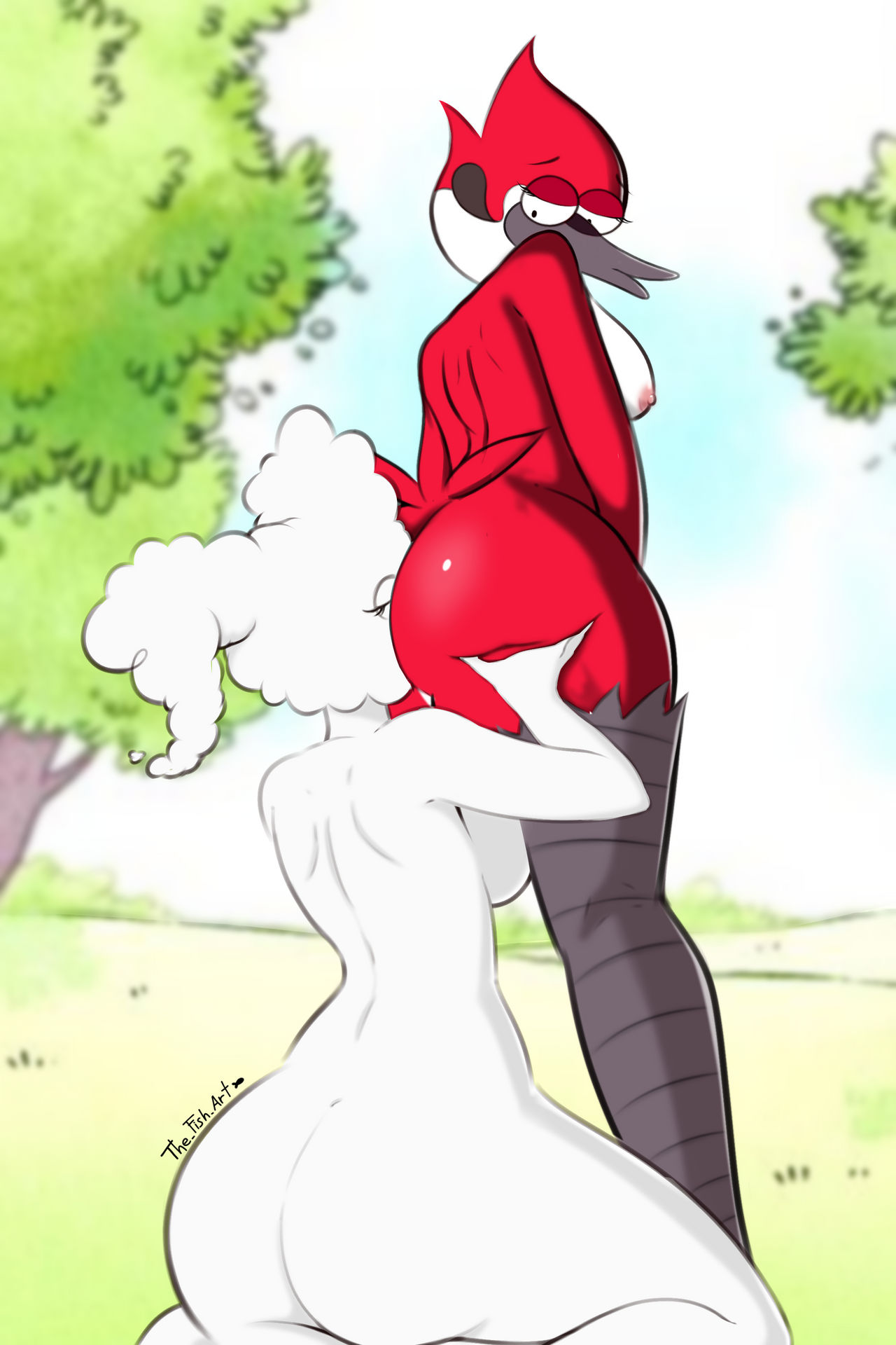 2girls, ass, avian, big ass, bird, cartoon network, cloud, cloud humanoid, cloudy jay, cunnilingus, elemental creature, face on ass, female, female only, kneeling, margaret smith (regular show), naked, no clothes, nude, red bird, regular show, standing, tagme, thefishart, yuri
