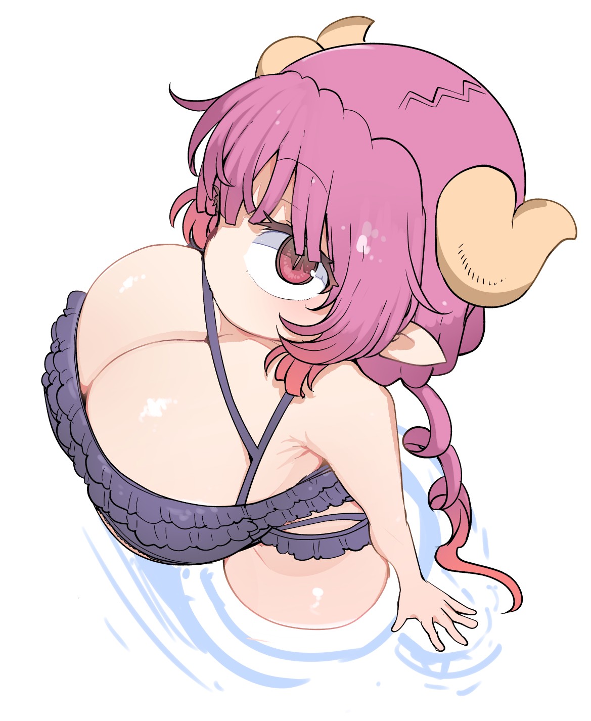 1girls, big breasts, black swimsuit, boobs bigger than head, breasts, breasts bigger than head, cleavage, cool-kyou shinja, dragon, dragon girl, dragon horns, dragon humanoid, emotionless, eyebrows visible through hair, female, female focus, female humanoid, female only, hi res, high resolution, highres, horn, horned female, horned humanoid, horns, huge breasts, humanoid, ilulu, ilulu (dragon maid), ilulu (maidragon), kobayashi-san chi no maidragon, large breasts, light skin, light-skinned female, long hair, looking at viewer, looking back, looking back at viewer, looking up, looking up at viewer, miss kobayashi's dragon maid, official alternate costume, official art, pink eyes, pink hair, pointy ears, ripples, short stack, shortstack, simple background, slit pupils, small but busty, sole female, swimming, swimsuit, textless, twin braids, twintails, voluptuous, voluptuous female, water, white background