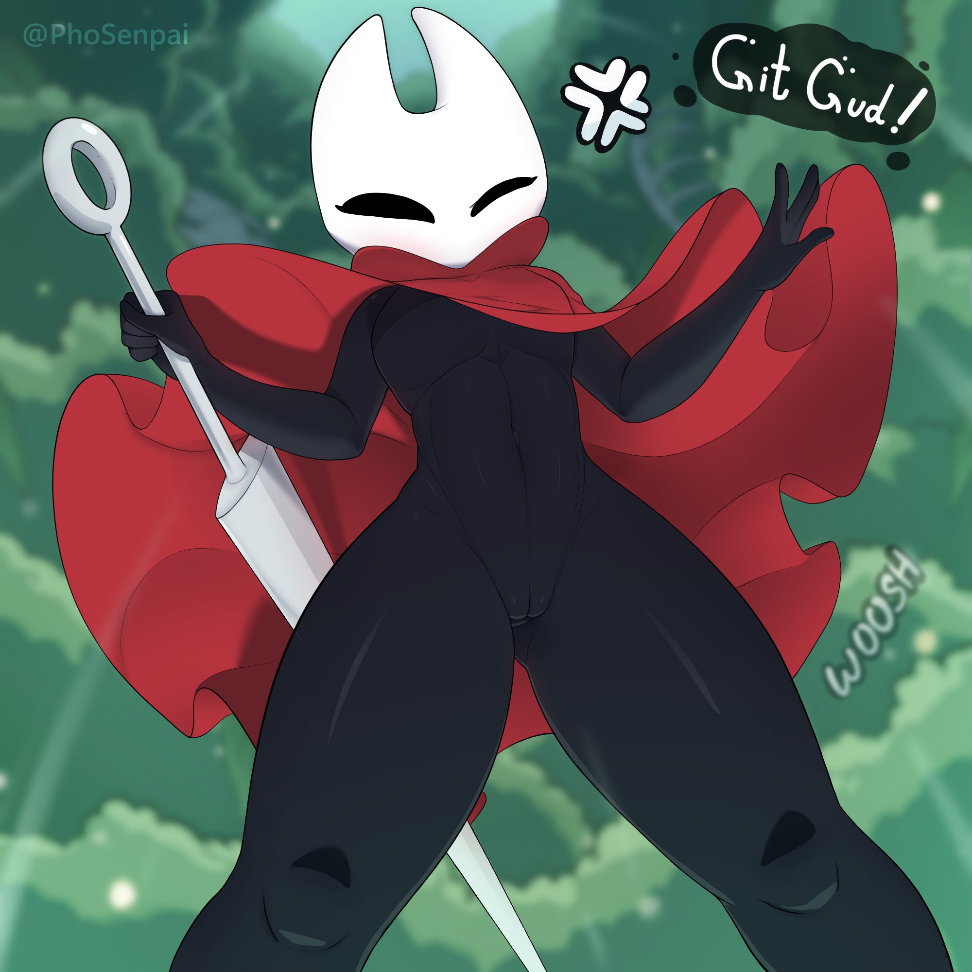 2d, angry, black body, black eyes, breasts, cloak, cloak lift, cloak only, exposed, featureless breasts, female, flat chest, holding weapon, hollow knight, hornet (hollow knight), looking at viewer, looking down, outdoors, outside, phosenpai, pussy, text, vagina, weapon