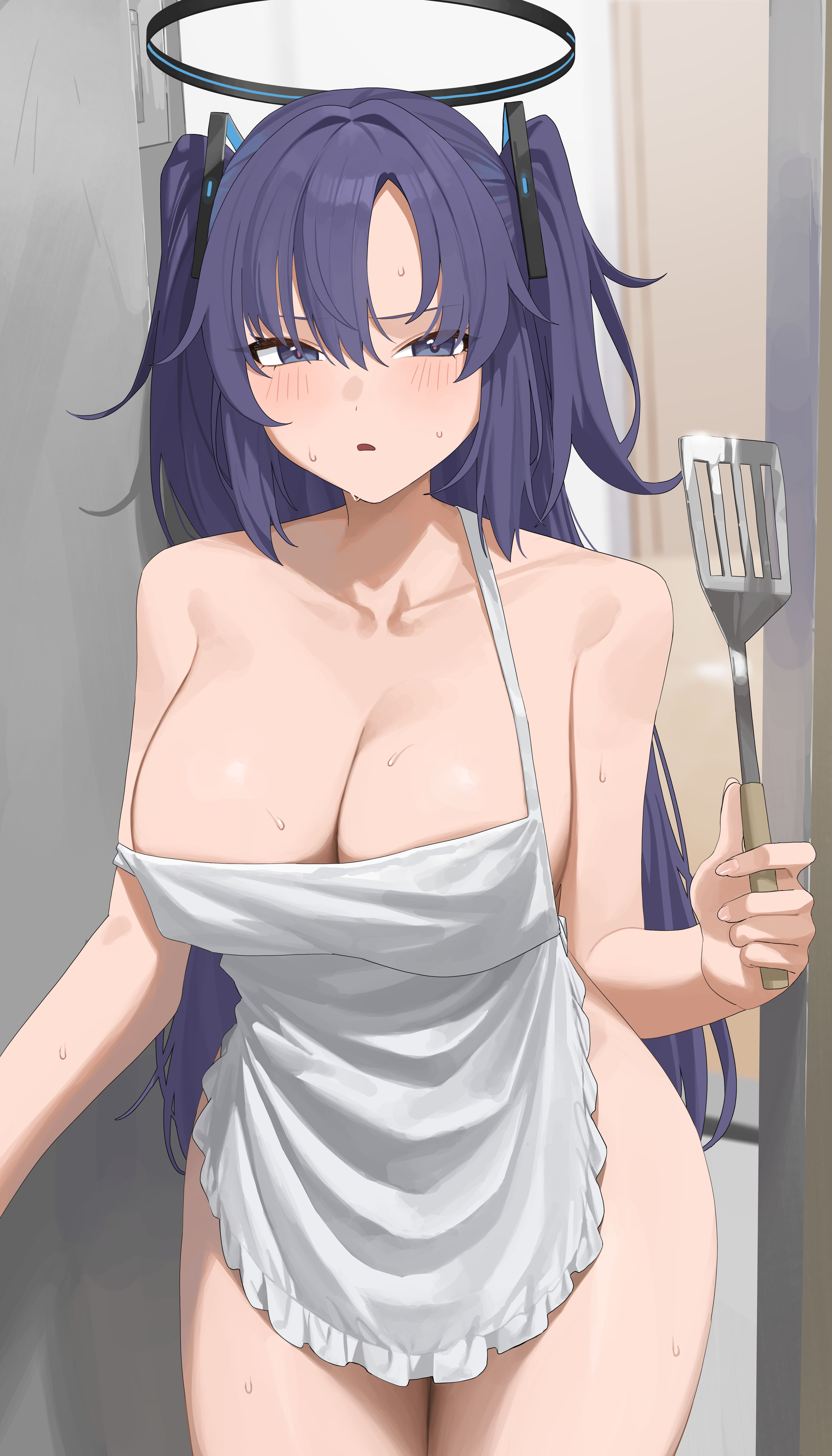 absurdres, apron, blue archive, blue eyes, blue hair, blush, breasts, collarbone, curvy, doorway, female, frilled apron, frills, hair ornament, halo, highres, holding, holding spatula, large breasts, long hair, looking at viewer, millennium science school student, mm (mhm2592), naked apron, parted lips, seminar (blue archive), spatula, strap slip, sweat, two side up, very long hair, white apron, yuuka (blue archive)