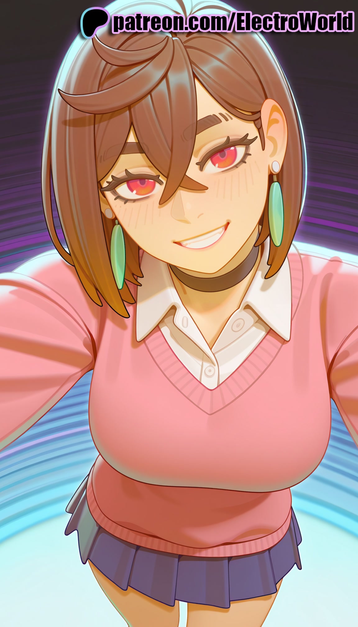 1girls, 2025, 2d, ai generated, artist name, ayase momo, bangs, blush, breasts, bust, chest, choker, dandadan, earrings, electroworld, female, hi res, high quality, high resolution, highres, jewelry, looking at viewer, patreon, patreon username, pink shirt, pleated skirt, questionable, reaching towards viewer, selfie, sfw, short hair, skirt, smile, solo, stable diffusion, watermark