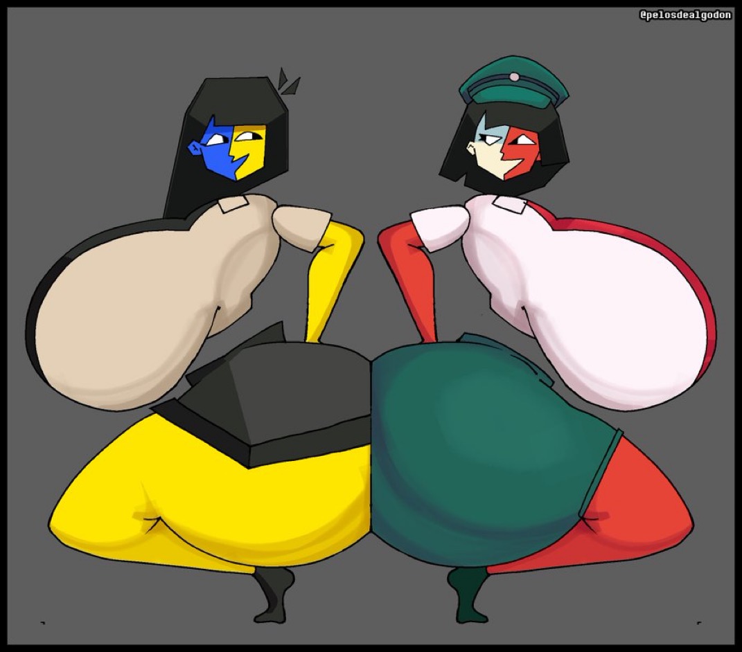 2025, 2girl, 2girls, ass, asses touching, big ass, big breasts, black hair, blank background, blue body, blue skin, breasts, busty, busty female, busty girl, drawing, drawn, dream bbq, ena, ena (dream bbq), ena (orginal), ena (series), fat ass, female only, female/female, hat, huge ass, huge breasts, joel g, large ass, large breasts, long black hair, looking at each other, massive ass, massive breasts, mommy milkers, multicolored body, multiple girls, no background, pelosdealgodon, pressing asses together, red body, red skin, shorts, skirt, socks, thepinkthing, thicc, thick, thick ass, voluptuous, voluptuous body, voluptuous female, voluptuous girl, voluptuous woman, white body, white skin, women, yellow body, yellow skin