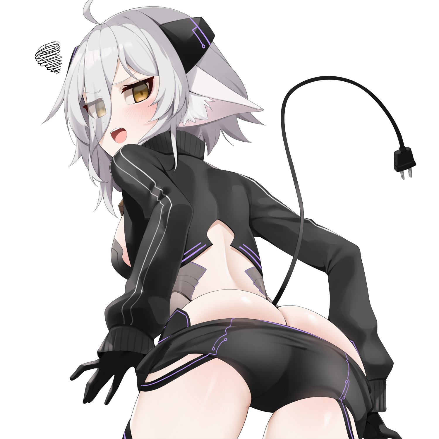 1girls, animal ears, ass, back, booty, breasts, cyberpunk, female, gloves, henya the genius, indie virtual youtuber, looking back, pants down, petite, petite female, plug, shorts, shorts pull, sideboob, small breasts, tail, turning head, virtual youtuber, vtuber, white hair, yellow eyes