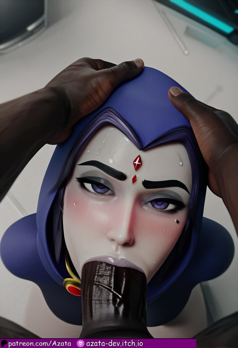:>=, 1boy, 1girls, absurdly large cock, ai generated, azataai, blowjob, blowjob face, blue cape, blue hood, dark penis, dark skin, dark-skinned male, dc, dc comics, eye contact, female, grey skin, hyper penis, imminent oral, impossible fit, interracial, looking at viewer, male, partial male, penis, penis on face, petite female, provocative, rachel roth, raven (dc), sweating, taller male, teen titans, touching face, veiny penis, voluptuous female