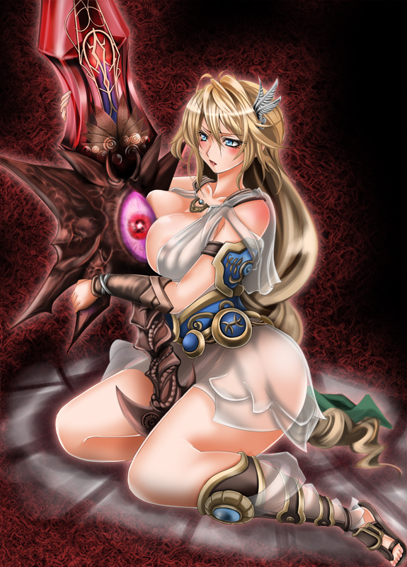 1041_(pixiv) armor armored_dress blonde_hair blue_eyes blush breasts female large_breasts milf red_background sophitia_alexandra soul_calibur sword weapon