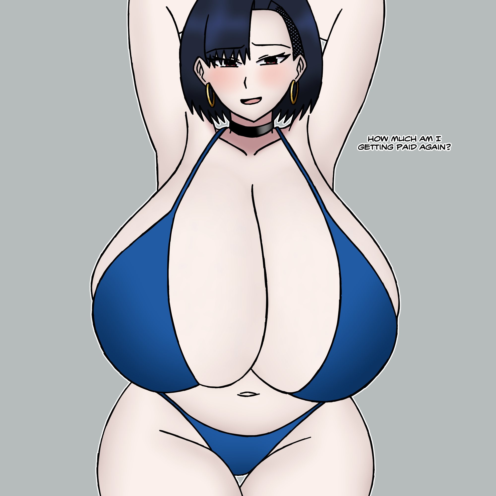 1girls, armpits, arms behind head, arms up, big breasts, blue bikini, blush, breasts, breasts bigger than head, brown eyes, cleavage, coloredyiddies, earrings, enormous breasts, female, female focus, female only, gigantic breasts, hoop earrings, huge breasts, humongous breasts, hyper breasts, large breasts, lei (coloredyiddies), light skin, light-skinned female, massive breasts, posing, posing for picture, posing for the viewer, short hair, solo, solo female, solo focus