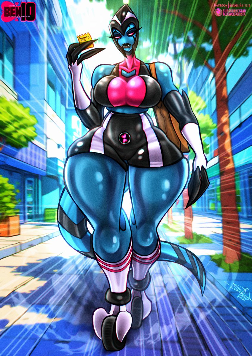 alien, alien female, alien girl, alien humanoid, alien milf, ben 10, blue skin, bluewolfartista, breasts, chaquetrix, claws, clothed, clothing, complex background, feet, female, female only, hourglass figure, huge breasts, kineceleran, large breasts, mature female, milf, milftrix, no pupils, pink eyes, pink sclera, shorts, stockings, tail, thick thighs, thighhighs, thighs, xlr8