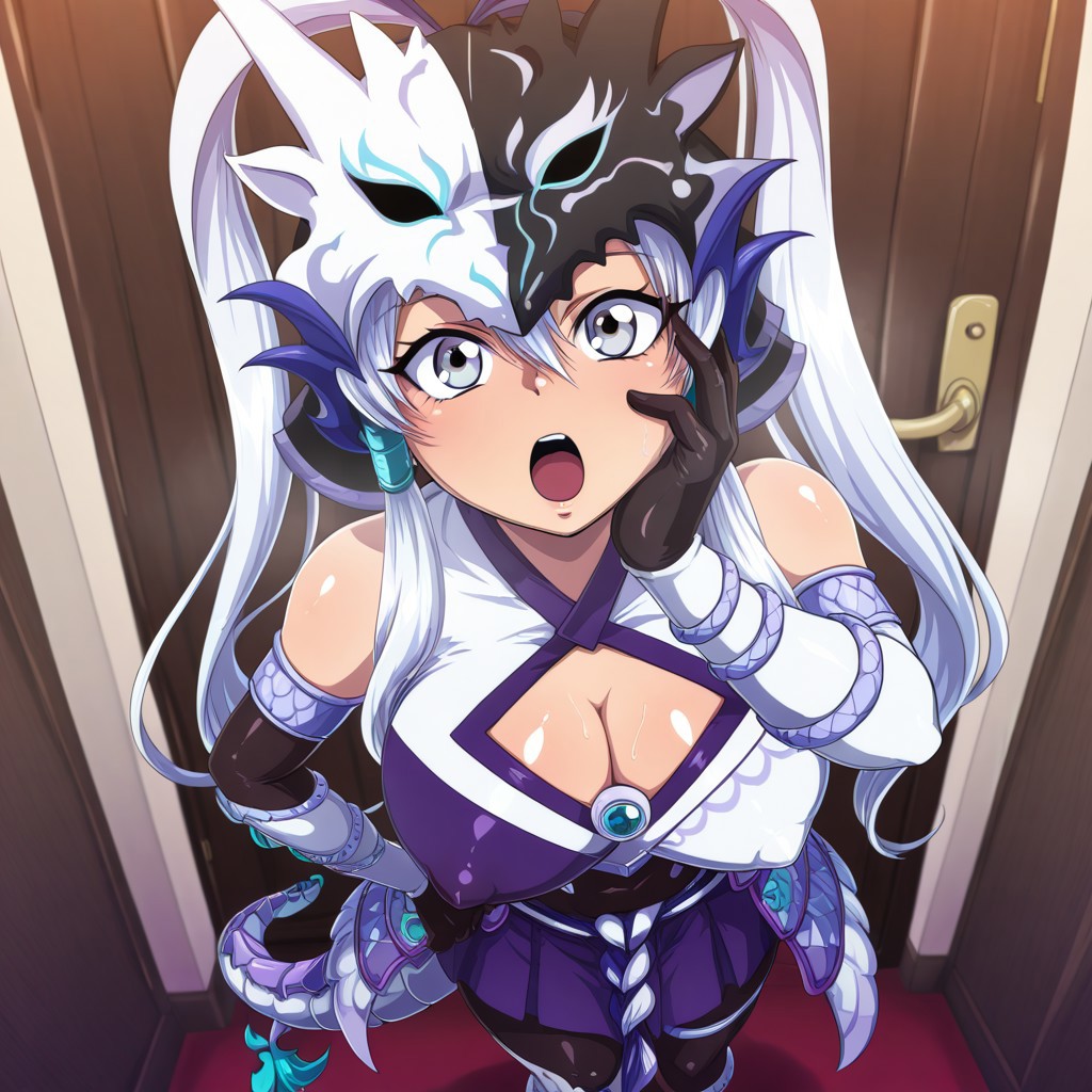 1girls ai_generated black_bodysuit blue_eyes bodysuit breasts cleavage covered_nipples erect_nipples erect_nipples_under_clothes female female_focus female_only hair_tubes helmet large_breasts looking_at_viewer solo solo_female solo_focus standing swordsoul_of_mo_ye white_hair yu-gi-oh!