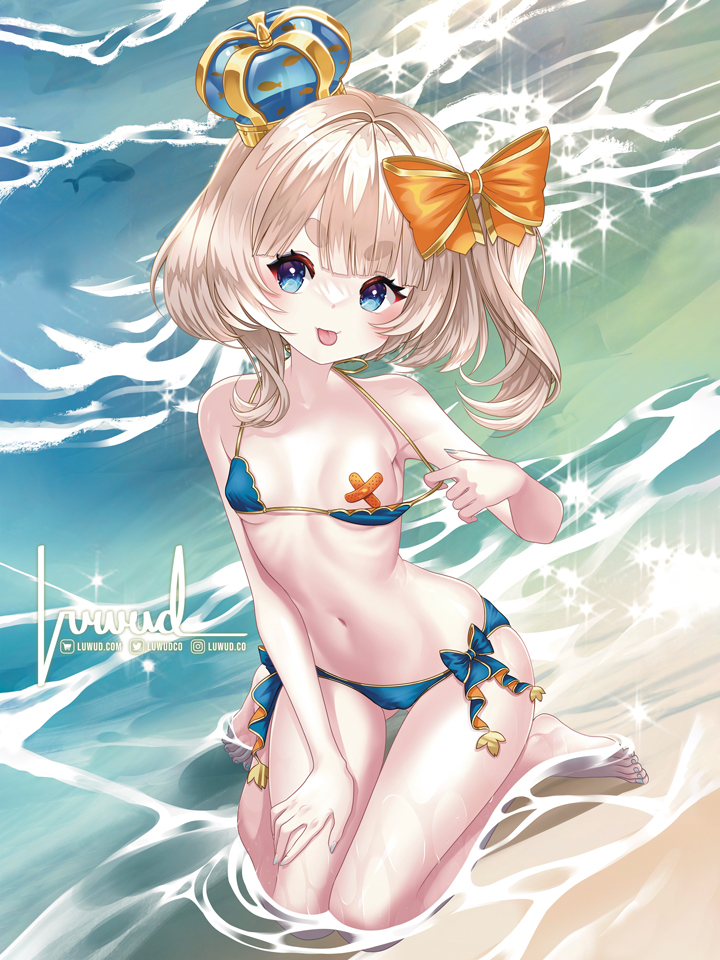 1girls, beach, beige hair, belly button, bikini, blue bikini, breasts, crown, eyebrows visible through hair, female, female only, hair ribbon, light skin, light-skinned female, luwudco, marimari en, orange pasties, pasties, phase connect, phase invaders quest, sand, small breasts, solo, swimsuit, thick eyebrows, tongue, tongue out, virtual youtuber, water, x pasties