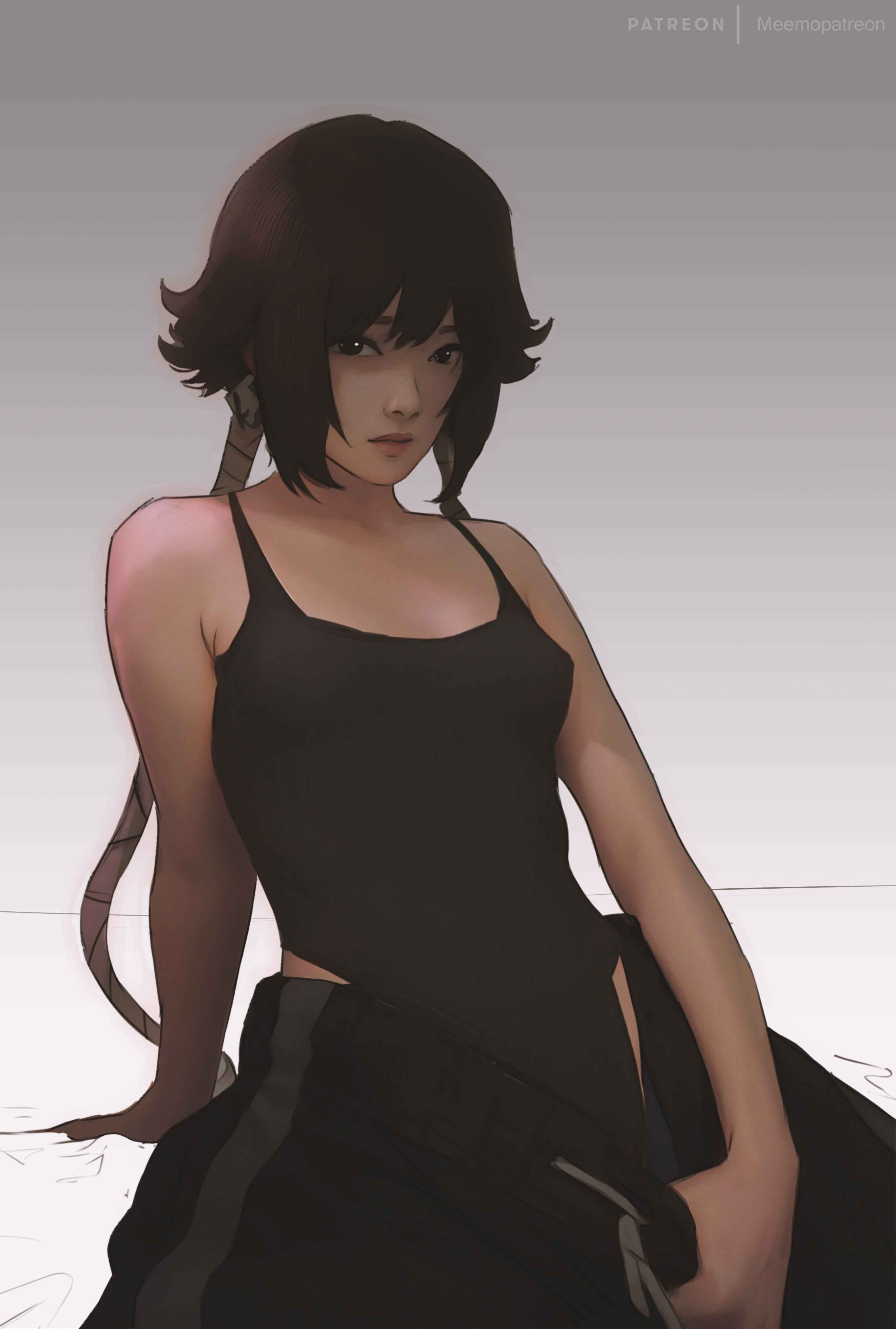 1girls, black eyes, black hair, bleach, bleach: the thousand-year blood war, bodysuit, breasts, censored, clothed, female, female focus, female only, gradient background, grey background, meemo.psd, ninja, patreon, shinigami, simple background, small breasts, smaller female, soifon, sui-feng, thick thighs, undress character, undressing