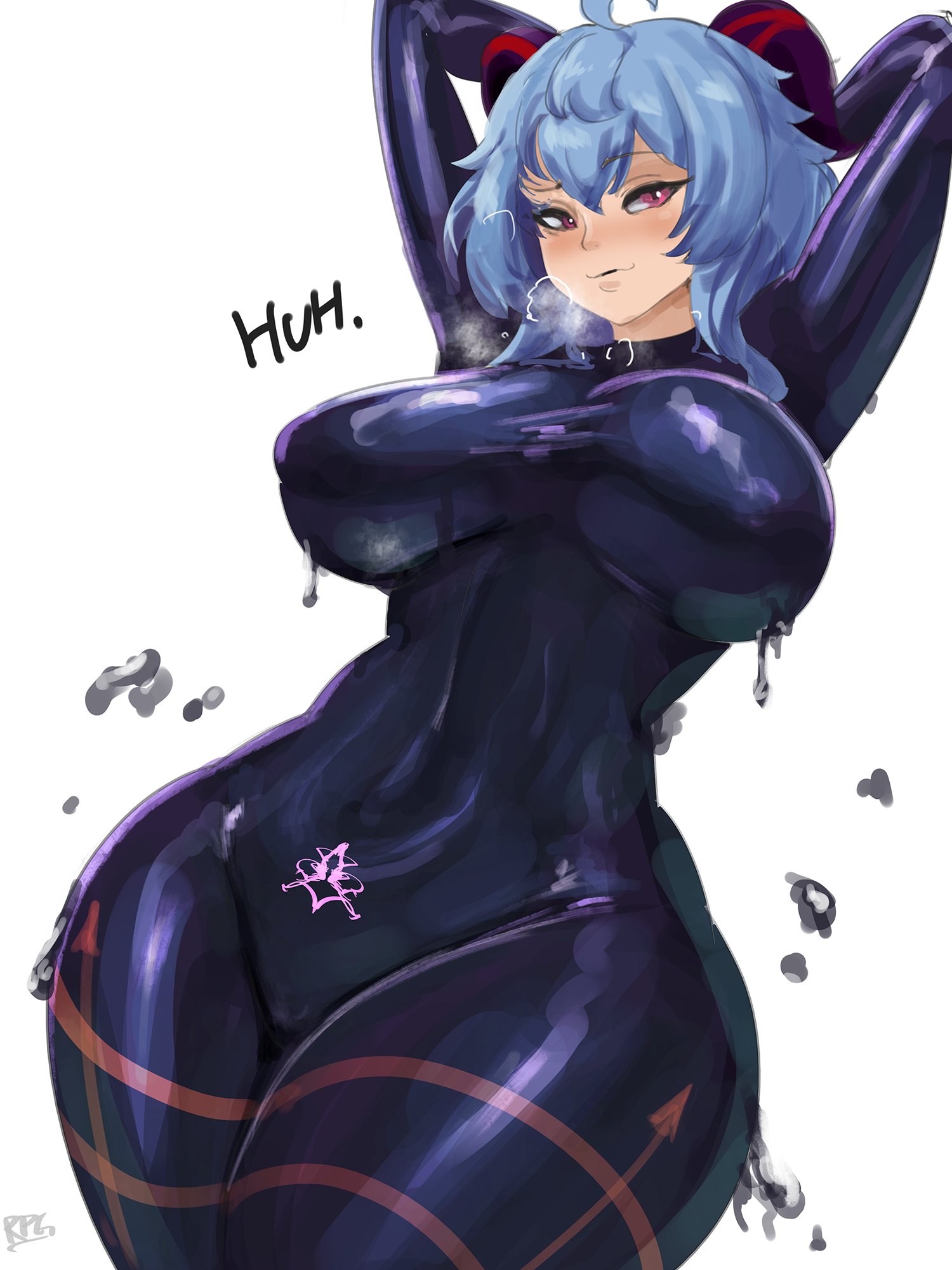 1girls, arms up, female, female focus, female only, ganyu (genshin impact), genshin impact, hoyoverse, provocative, provocative clothing, provocative outfit, pubic tattoo, sana!rpg, tattoo, thight clothing