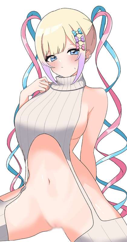 1girls, blush, breasts, chouzetsusaikawa tenshi-chan, covering breasts, female, female focus, female only, inami (x spidekawaii x), large breasts, looking at viewer, needy girl overdose, needy streamer overload, partially clothed, pussy, pussy exposed, sideboob, sweater, tagme, virgin killer sweater