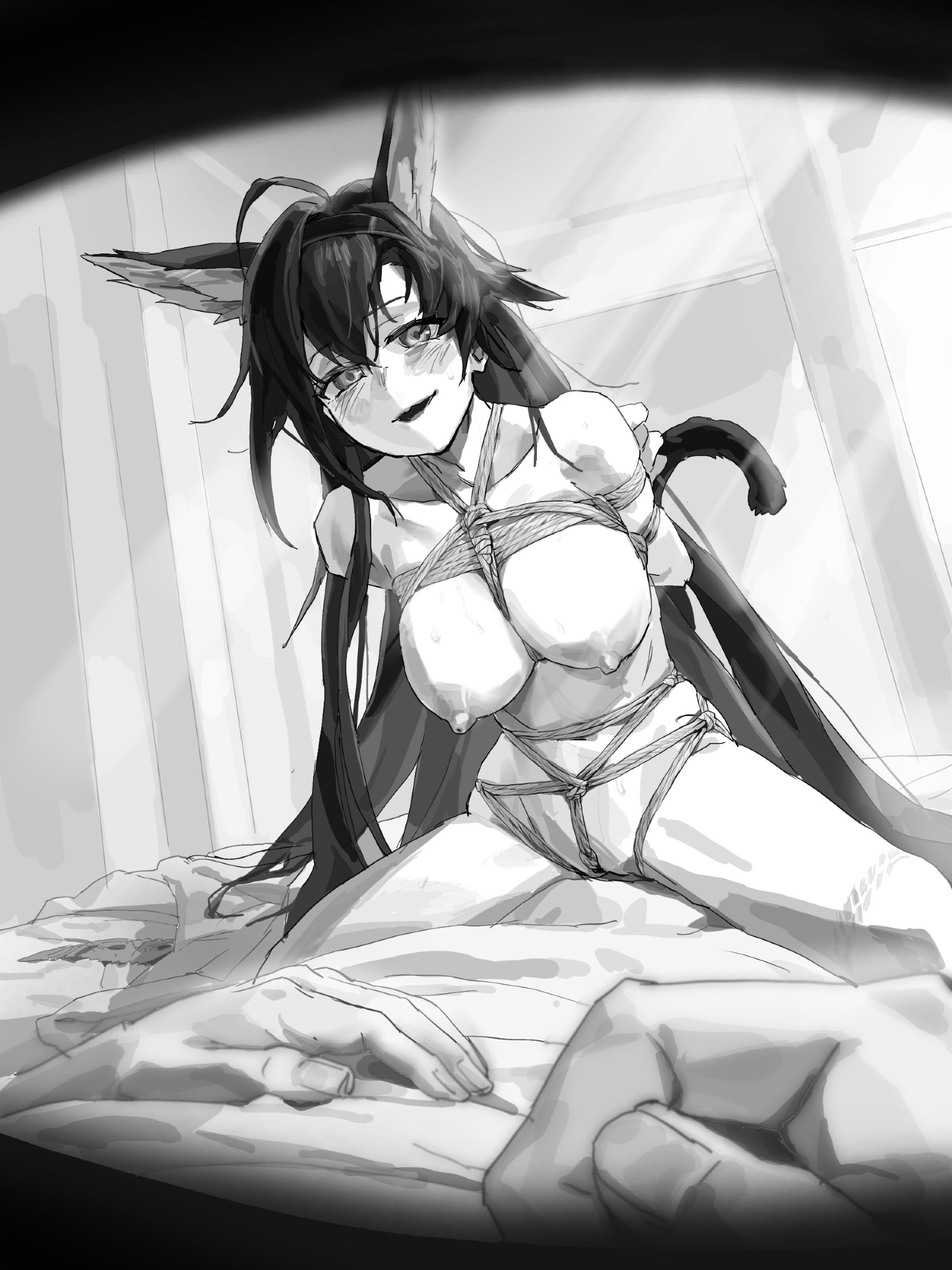 1girls, a tea, animal ears, arknights, blaze (arknights), bound, female, monochrome, sitting on person