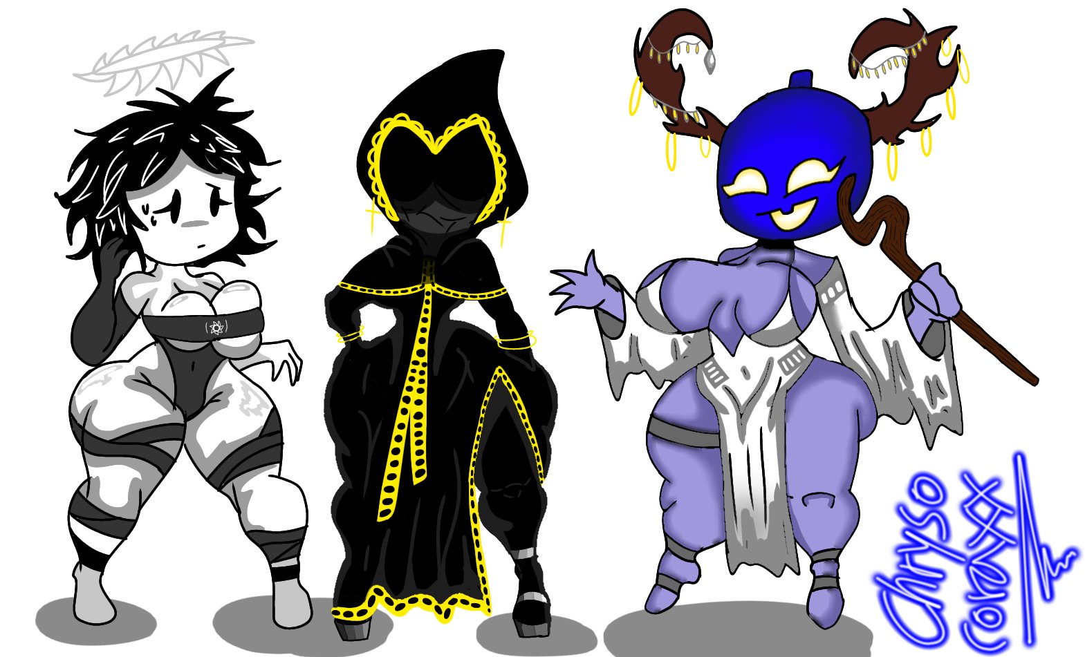 3girls, ass, big areola, big ass, big breasts, big thighs, breasts, chrysocome, clothing, dark skin, dark-skinned female, dusekkar (forsaken), female, forsaken (roblox), horns, pumpkin, purple skin, roblox, roblox game, robloxian, rule 63, skimpy clothes, tagme, taph (forsaken), thick thighs, thighs, timid, two time, white skin