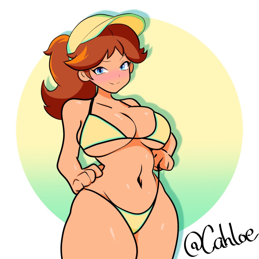 1girls, big breasts, bikini, breasts, brown hair, cahloe, clouds, female, hands on hips, looking at viewer, looking down, mario (series), mario kart world, official alternate costume, princess daisy, princess daisy (swimwear), smile, solo, standing, swimsuit, thighs