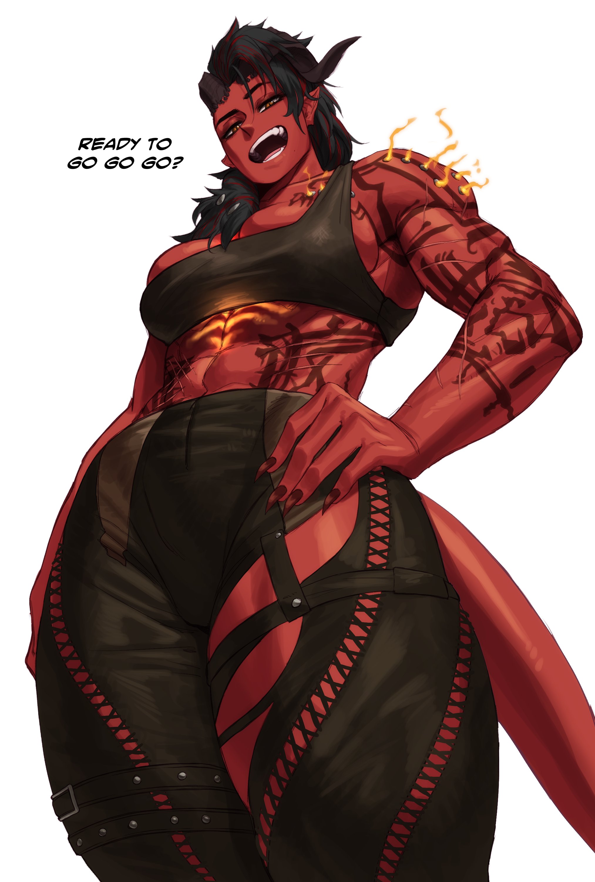 1girls, baldur's gate, baldur's gate 3, clothed, clothed female, clothing, female, female only, karlach, looking at viewer, looking down at viewer, muscular, muscular female, not porn, red body, red skin, smile, solo, sotcho, tagme, tiefling, tiefling girl