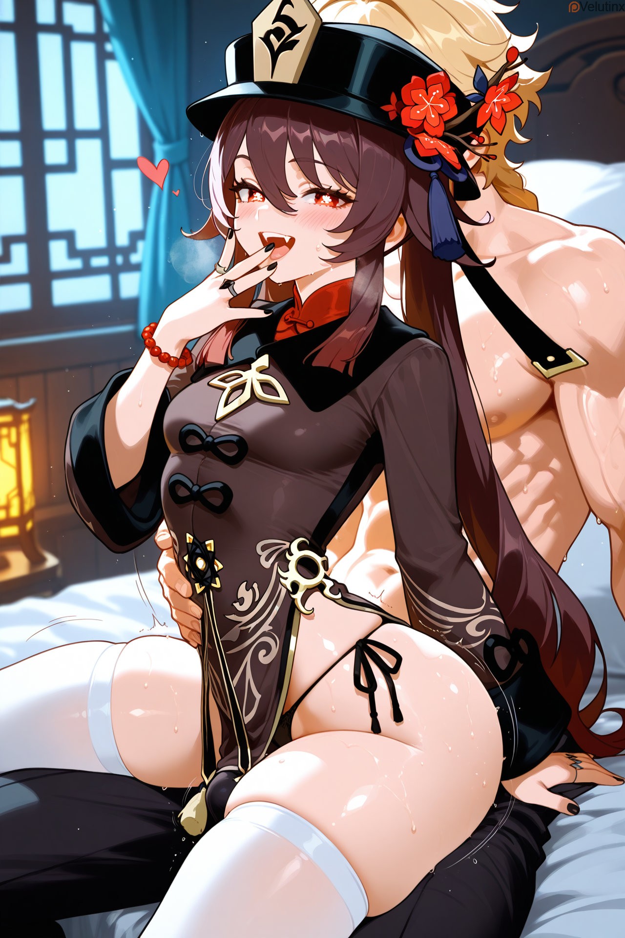 1boy, 1girls, absurd res, absurd resolution, absurdres, aether (genshin impact), ai generated, ass, ass shake, bangs, black nails, blush, breast grab, breasts, brown hair, china dress, chinese clothes, eyelashes, female, flower, genshin impact, grin, hand on mouth, hat, heart symbol, hi res, high quality, high resolution, highres, hu tao (genshin impact), jewelry, long hair, looking at viewer, looking back, male, mocking, muscular, muscular male, panties, red eyes, side-tie panties, sitting on lap, sitting on person, skindentation, small breasts, smug, string panties, sweat, sweating, symbol-shaped pupils, thick legs, thighhighs, thighs, trembling, twintails, velutinx, visible breath, waist grab, white thighhighs, wide hips