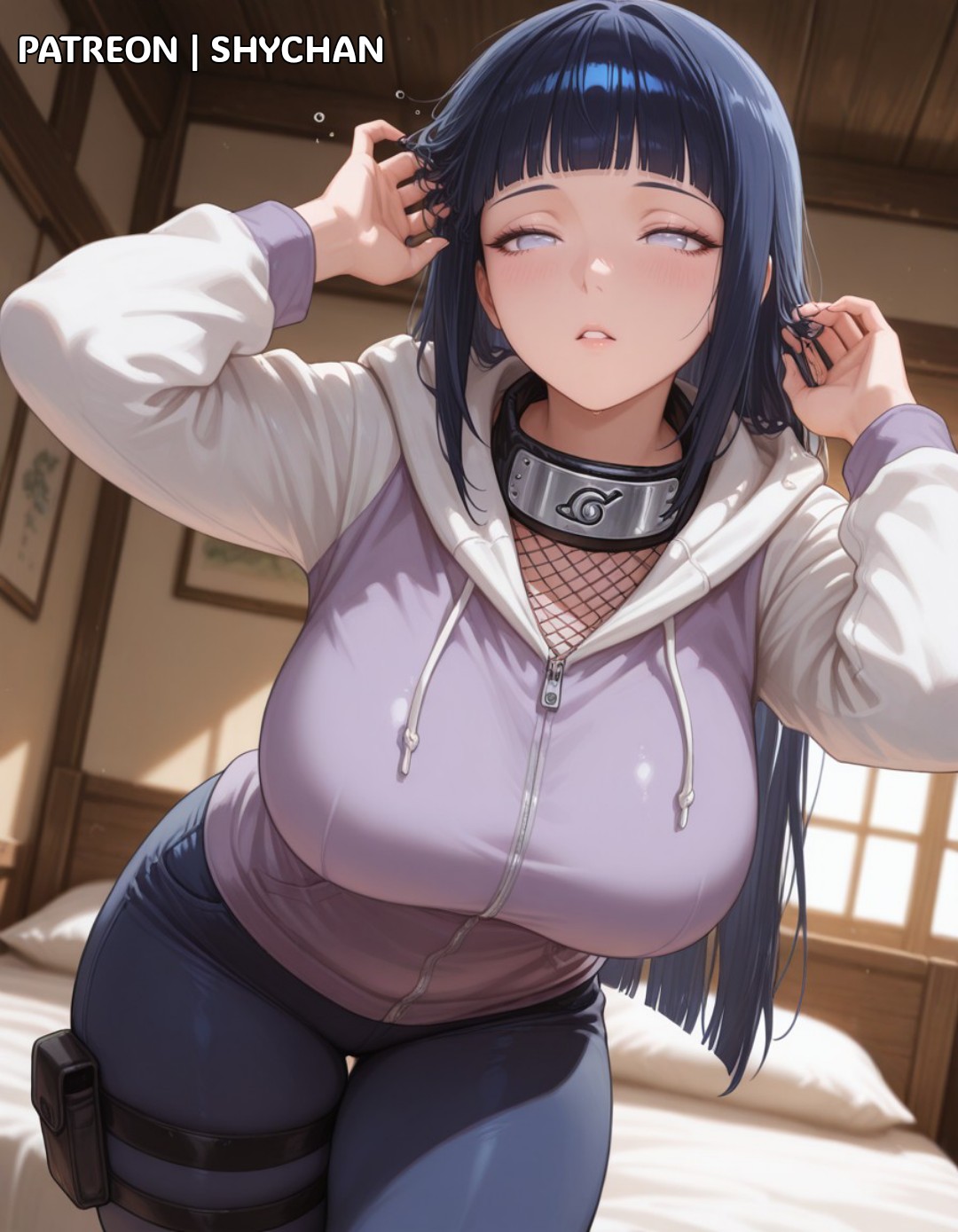 1girls, 2025, ai generated, bangs, bedroom, big breasts, big thighs, blunt bangs, breasts, curvaceous, curvy, curvy body, curvy figure, curvy hips, female, female focus, female only, headband, hoodie, huge breasts, hyuuga hinata, large breasts, light skin, light-skinned female, long hair, naruto, naruto (series), naruto shippuden, pants, patreon, patreon username, seductive, shychan, solo, solo female, solo focus, stable diffusion, thick thighs, thighs, voluptuous, voluptuous female, white eyes