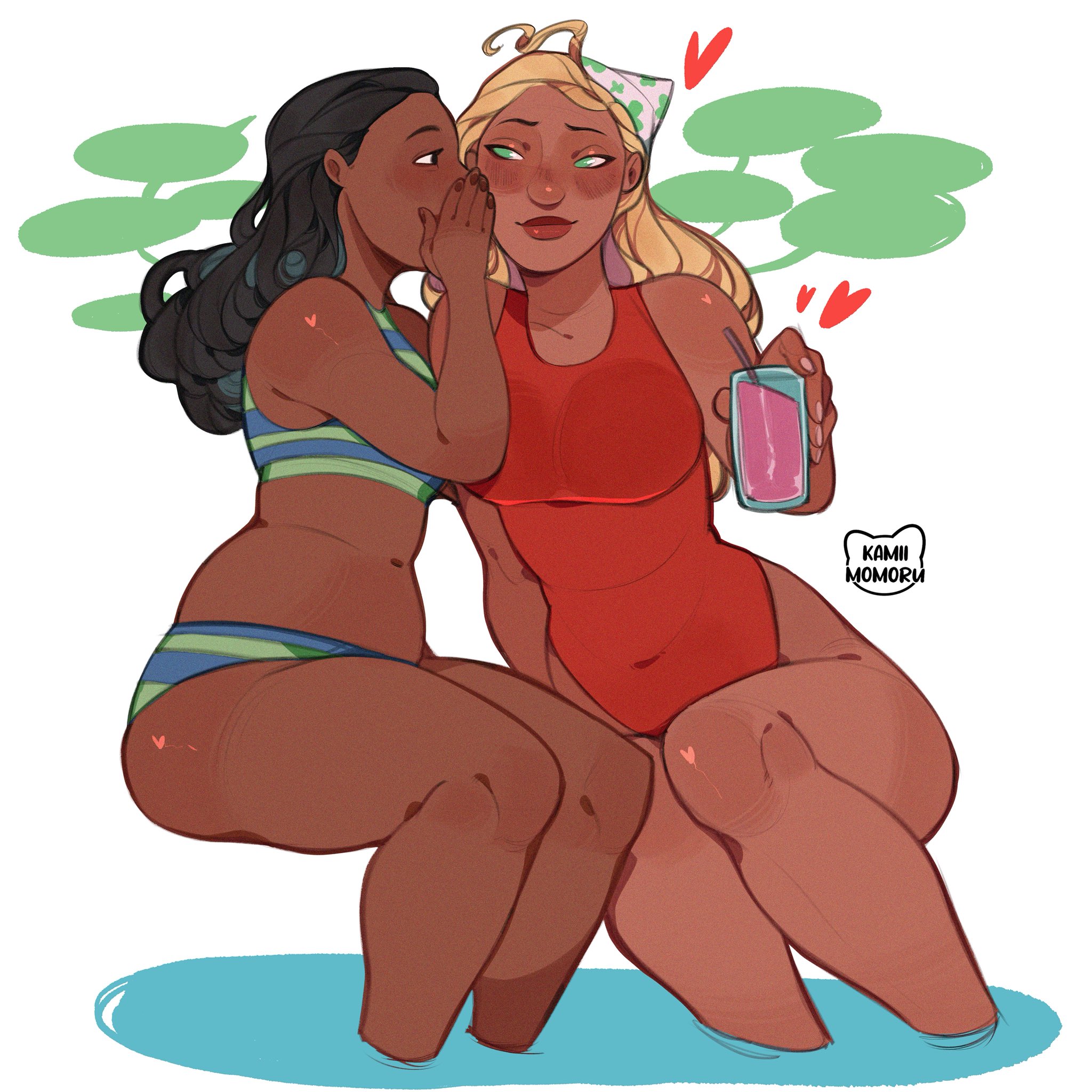2girls, black hair, black-haired female, blonde female, blonde hair, blonde-haired female, cropped legs, dark skin, dark-skinned female, female, kamii momoru, lifeguard (lilo and stitch), lilo and stitch, long hair, nani pelekai, one-piece swimsuit, red one-piece swimsuit, sitting, swimsuit, whispering, whispering into ear
