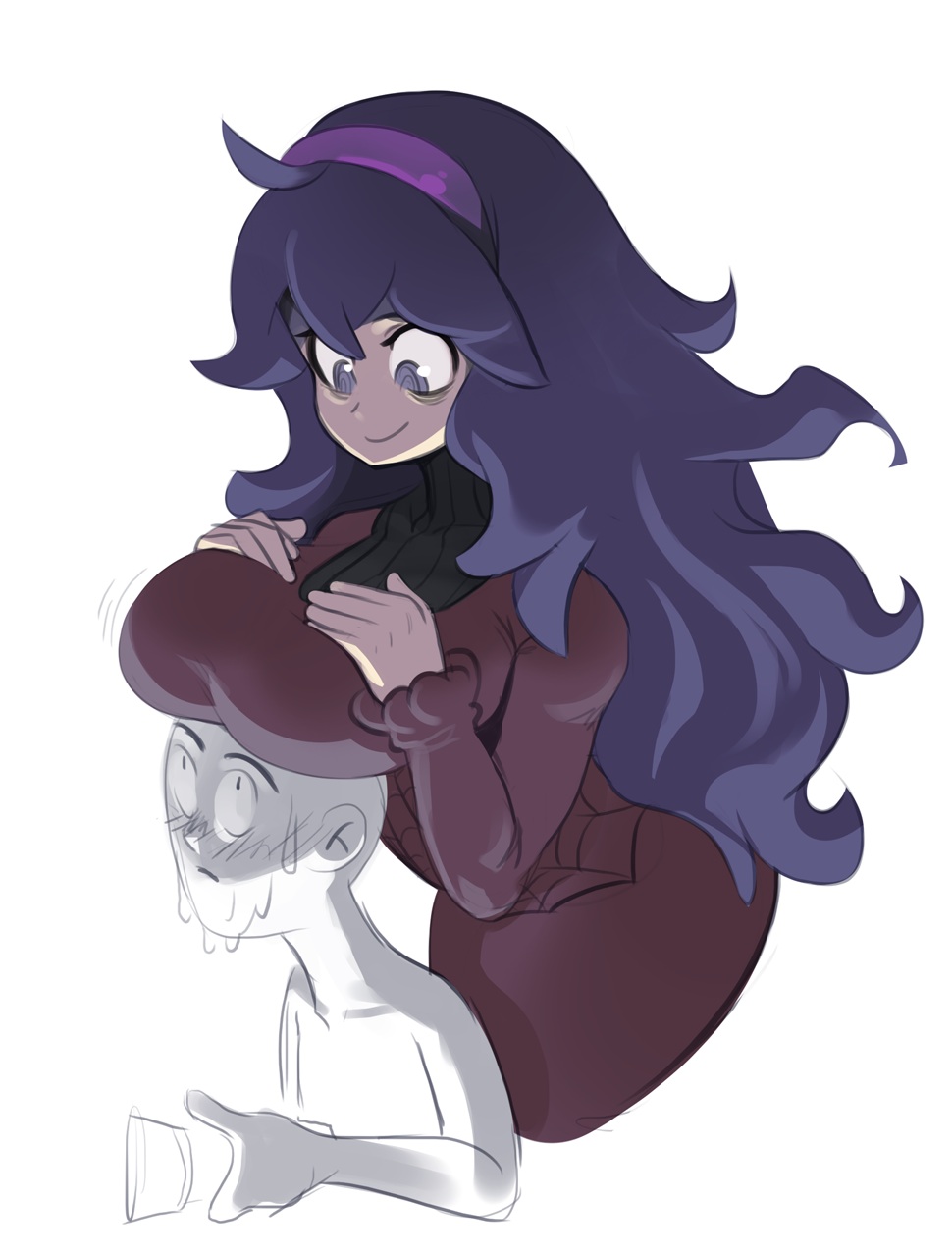 1boy, 1girls, ahoge, ass, bags under eyes, big ass, big breasts, blush, boob hat, breast rest, breasts, clothed, dress, eyelashes, female, flashlight, game freak, hairband, hex maniac, hex maniac (pokemon xy), holding, human, large breasts, long hair, looking down, looking up, male, monochrome, motion lines, nintendo, npc trainer, on top, partially colored, pokemon, pokemon xy, polyle, purple eyes, purple hair, sketch, smile, spiral eyes, standing, straight, sweat, white background, wide hips