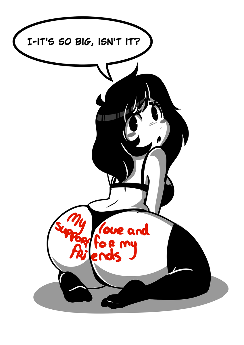 1girls ass ass_focus back_view bare_shoulders big_ass big_eyes big_head black_hair blush bottom_heavy bra character_request chestnut_mouth clothed cute dark_hair dat_ass feet female full_body greyscale huge_ass hyper_thighs line_art long_ass long_hair looking_back lunarclaws meme neoteny original original_character question rear_view shiny_hair shortstack skindentation socks soles solo speech_bubble stockings text thick_thighs thigh_socks wholesome worried