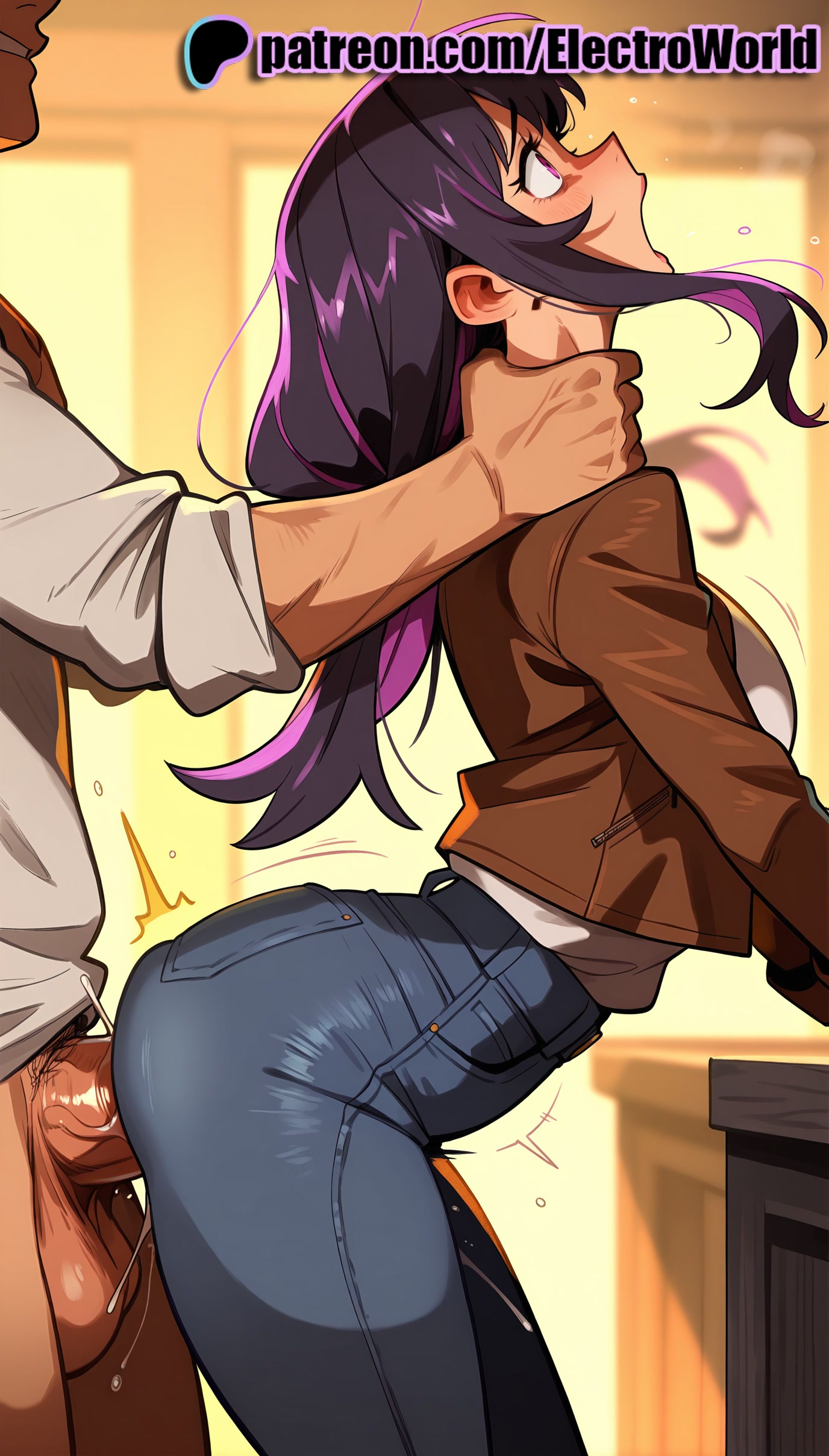 1boy, 1girls, 2025, ai generated, artist name, ass, choking, cock, denim, dick, earrings, electroworld, female, fucking, hi res, high quality, high resolution, highres, intercourse, jewelry, long hair, love making, male, overgeared, pants, patreon, patreon username, penetration, penis, purple eyes, sex, sexual intercourse, stable diffusion, straight, watermark, yura (overgeared)