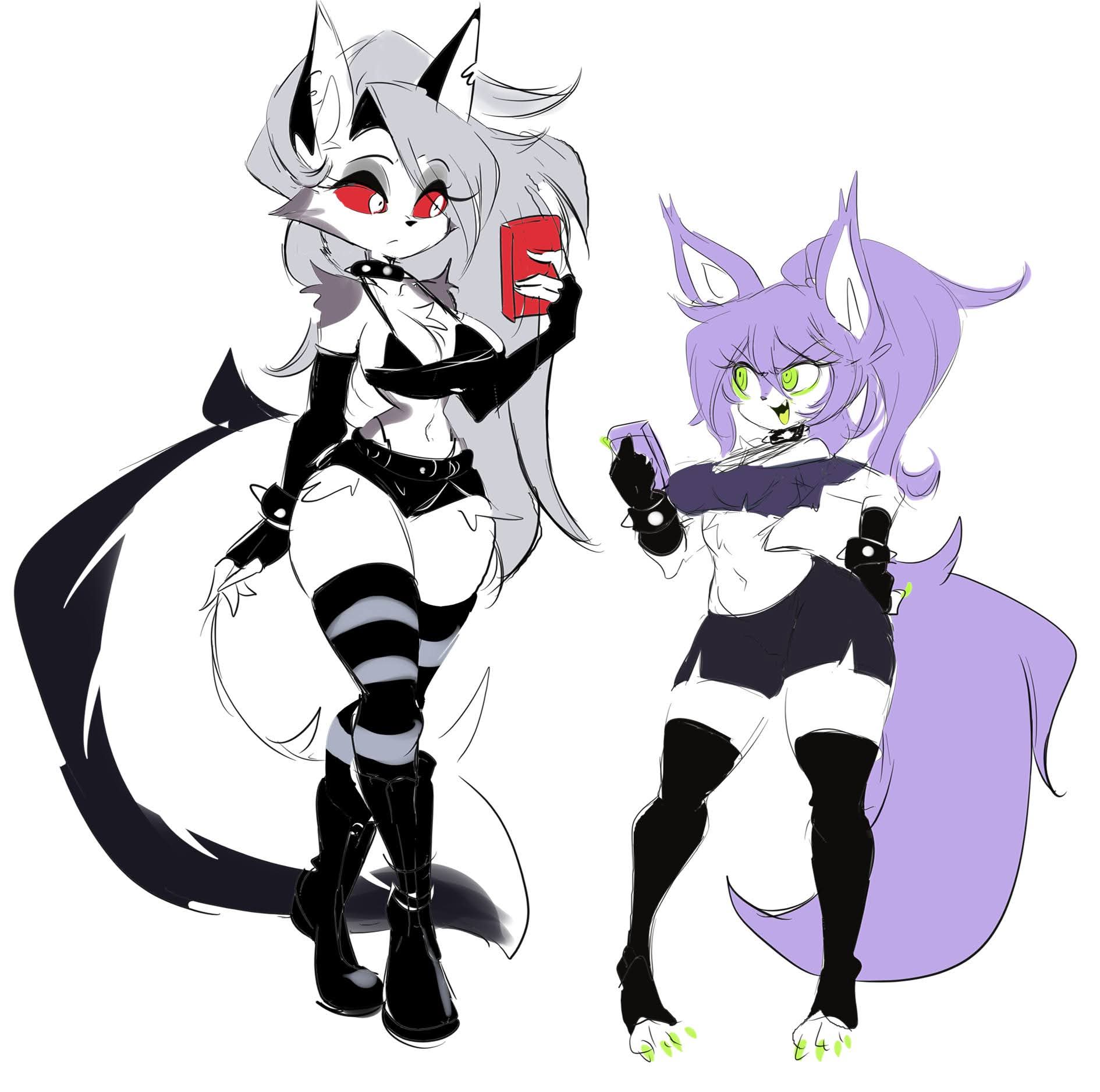 2girls, anthro, big breasts, breasts, cleavage, crossover, ears, female, fingerless gloves, furry, green eyes, grey body, grey fur, grey hair, helluva boss, hiel (lucyfercomic), huge breasts, larger female, long hair, looking at each other, loona (helluva boss), lucyfercomic, open mouth, outfit swap, phone, ponytail, purple hair, purple tail, red sclera, shorts, size difference, smaller female, spiked collar, tagme, tail, thick thighs, thighhighs, two-tone body, two-tone fur, two-tone tail, white body, white eyes, white fur, wide hips, wolf, wolf girl