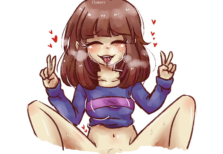 1girls, 2d, blush, bottomless, cum, cum on face, female, female frisk, female only, frisk, half-dressed, human, human female, human only, solo, tagme, tongue, tongue out, undertake, undertale, undertale (series), what