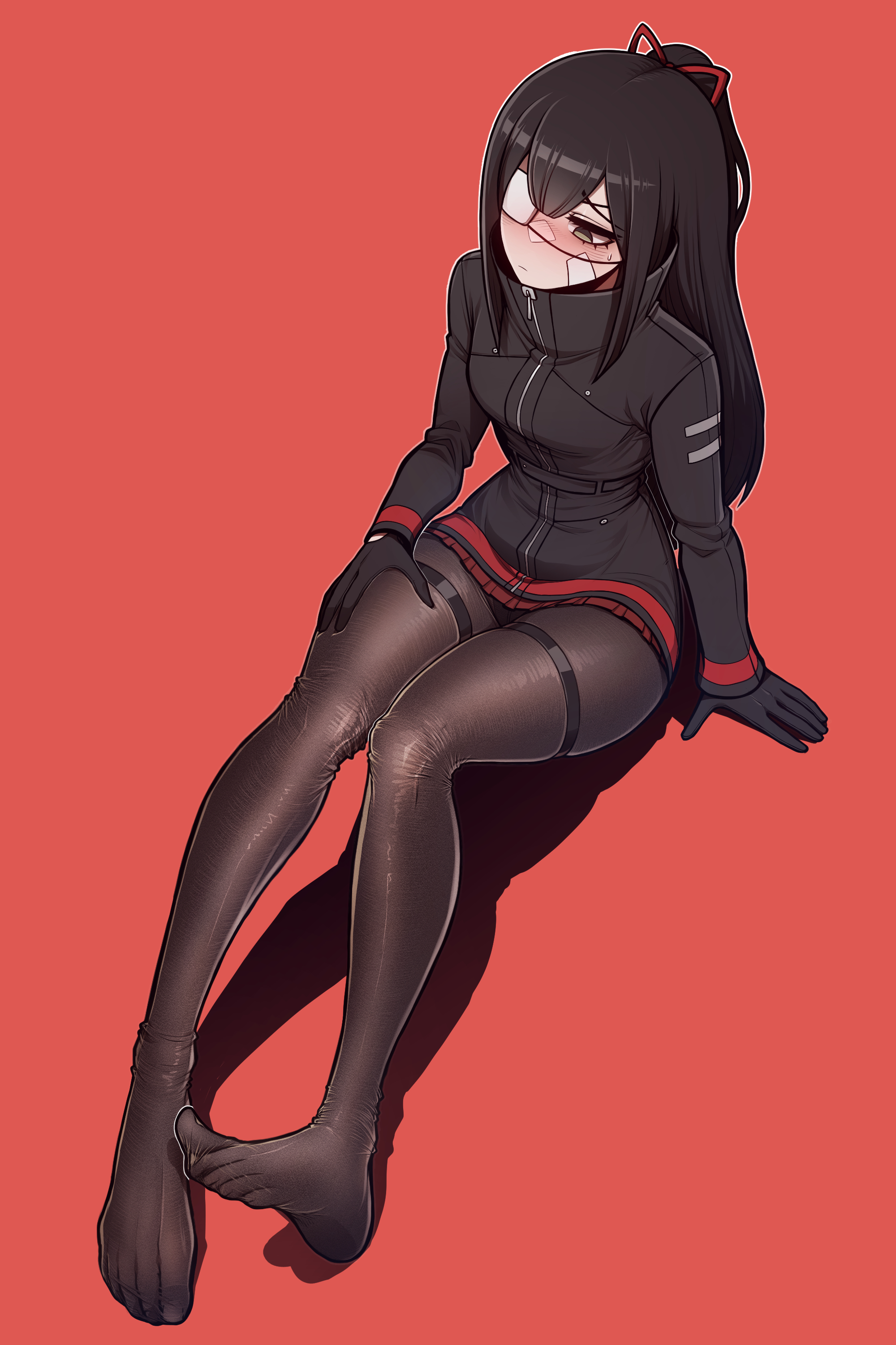1girls, black hair, coat, eye patch, feet, feet visible through clothing, female, female only, fully clothed, gloves, jacket, legs, library of ruina, misg1111, pantyhose, ponytail, project moon, soles of feet in stockings, stockings, tenma (library of ruina)
