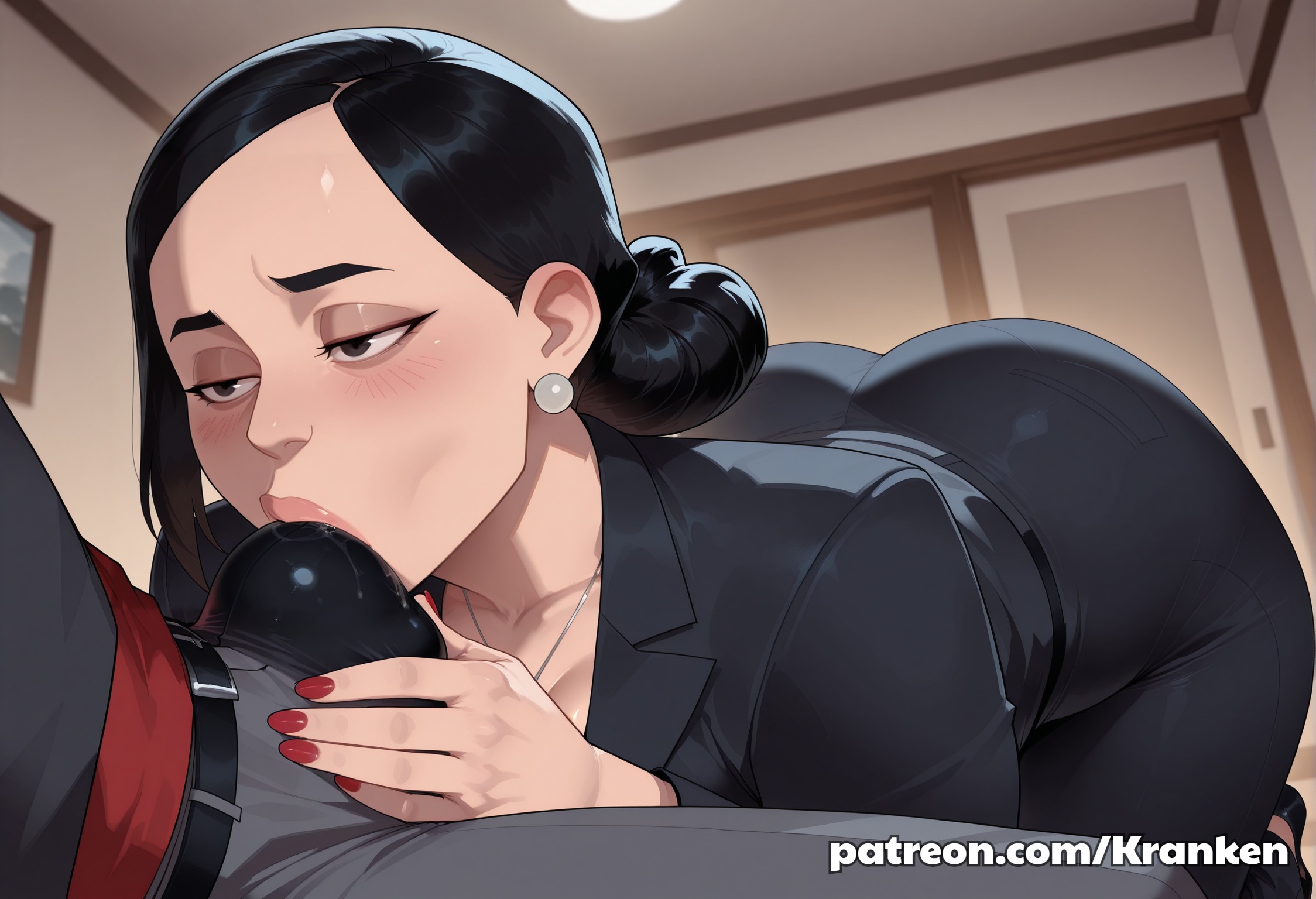 1boy, 1girls, ai generated, black hair, bulge, bulge in face, bulge kiss, bulge through clothing, bulge under clothes, bun, debbie grayson, deborah grayson, female, female focus, invincible, invincible (tv series), jacket, jacket open, kissing bulge, kranken, male, male/female, milf, mommy, mommy kink, mother, office, office clothing, office lady, patreon, patreon ad, patreon url, patreon username, tagme, text