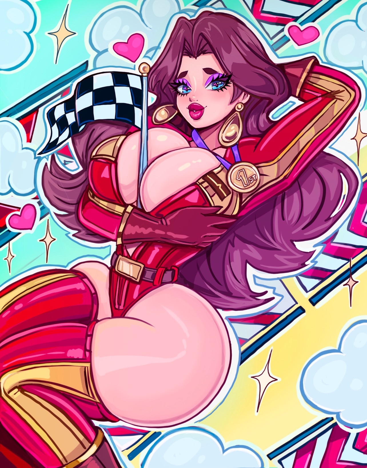 1girls, blue eyes, breasts, brown hair, busty, checkered flag, cleavage, earrings, eyeshadow, female, full lips, gloves, huge breasts, light skin, light-skinned female, lipstick, mario (series), mario kart, mario kart world, official alternate costume, pauline, pauline (aero), pink lipstick, purple eyeshadow, racing suit, small waist, theartofmathew, thick, thick thighs, thighhighs