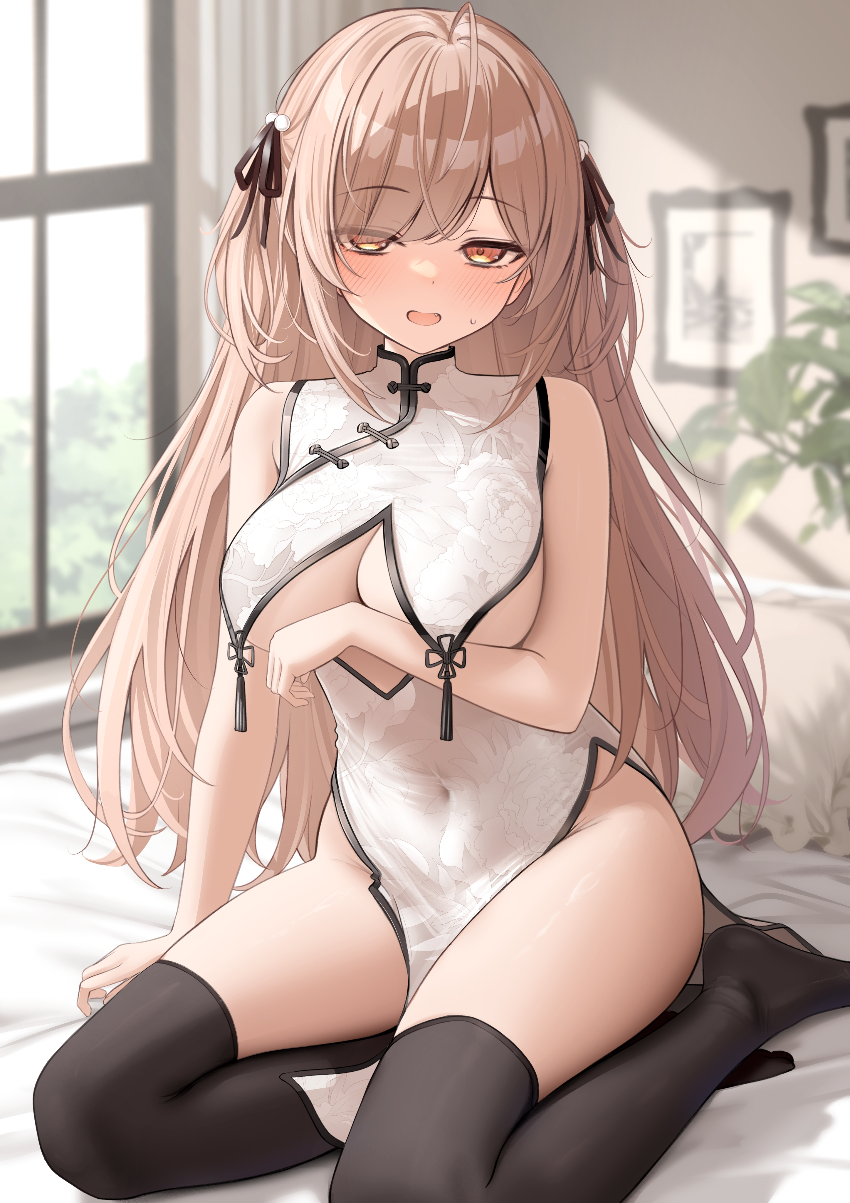 amber eyes, bare arms, bare shoulders, black ribbon, black thighhighs, blush, breast curtains, breasts, brown hair, china dress, chinese clothes, commentary request, covered navel, dress, eyes visible through hair, female, floral print, hair ornament, hair ribbon, highres, imouto-chan (monaka curl), indoors, large breasts, long hair, looking at viewer, monaka curl, open mouth, original, ribbon, sitting, solo, thighhighs, thighs, underwear, white dress