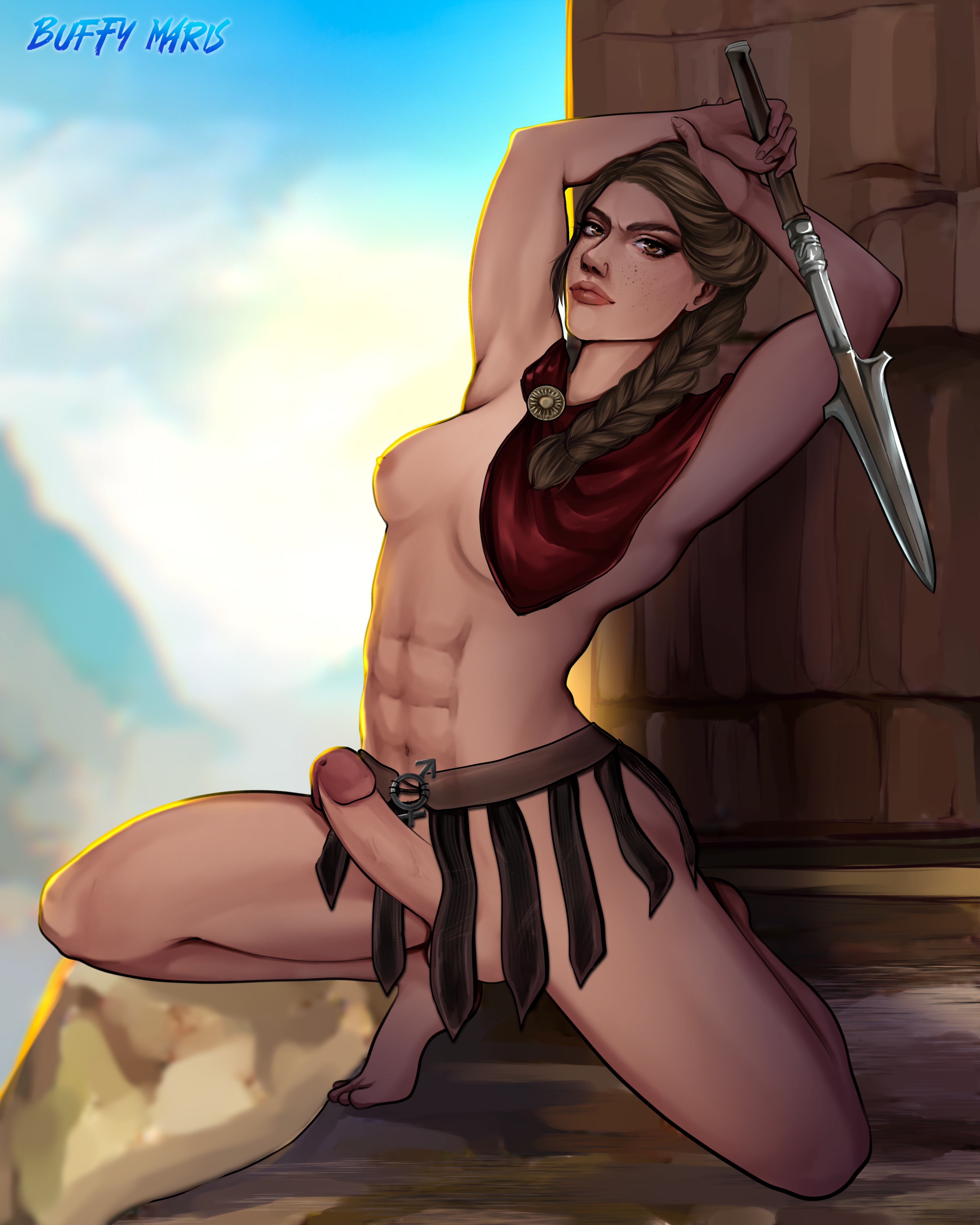 1futa, abs, assassin, assassin's creed (series), assassin's creed odyssey, balls, breasts, buffy maris, clothed/nude, cock, day, female, futa only, futanari, greece, human, human futa, intersex, kassandra (assassin's creed), light skin, light-skinned futa, muscle mommy, muscles, muscular, muscular female, muscular futa, outdoors, penis, solo, solo futa, testicles, warrior, weapon