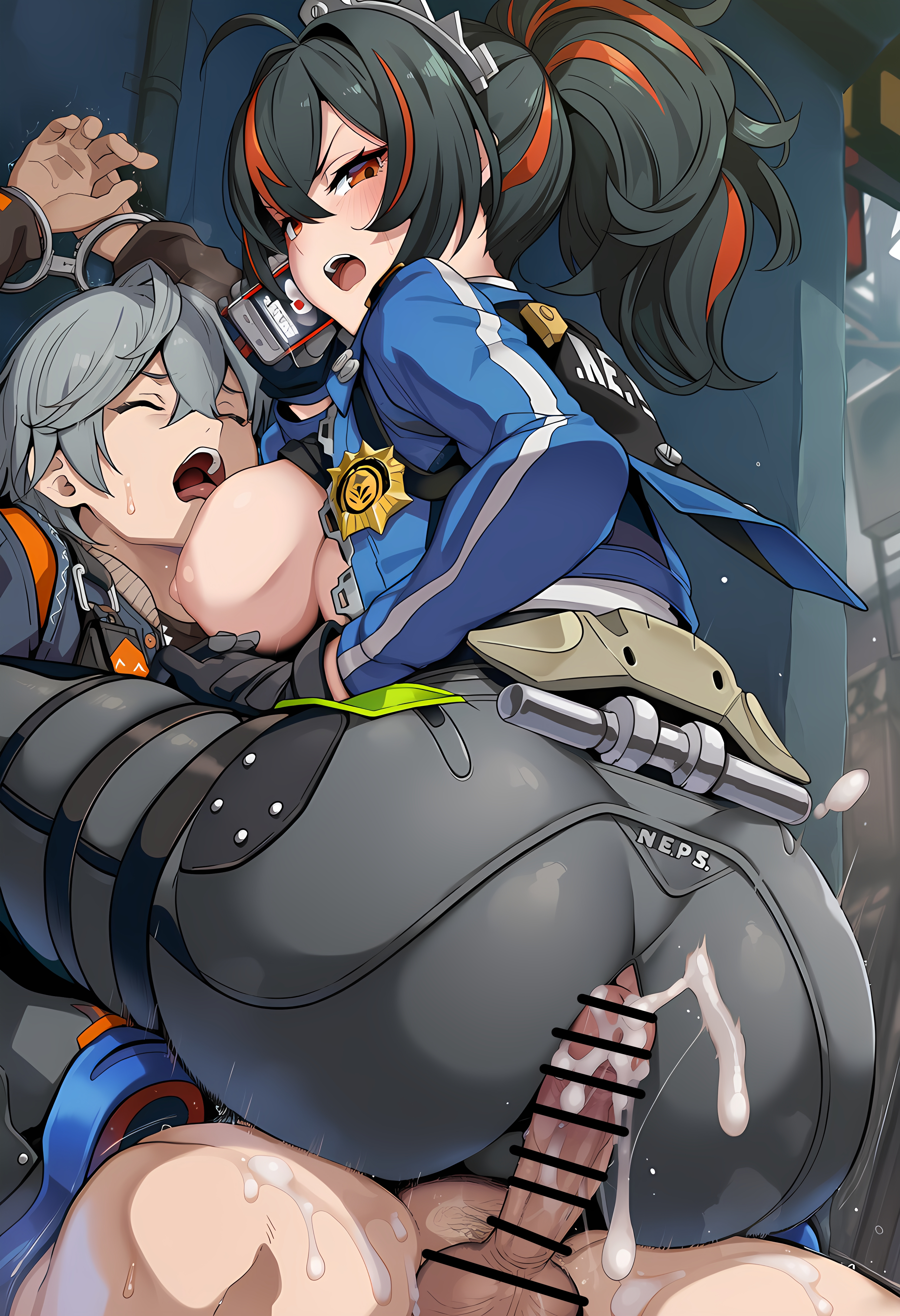 1boy, 1girls, ai generated, angry, ass, ass job, cellphone, cum, cum on ass, female, femdom, icomerrr, male, penis, wise (zenless zone zero), zenless zone zero, zhu yuan