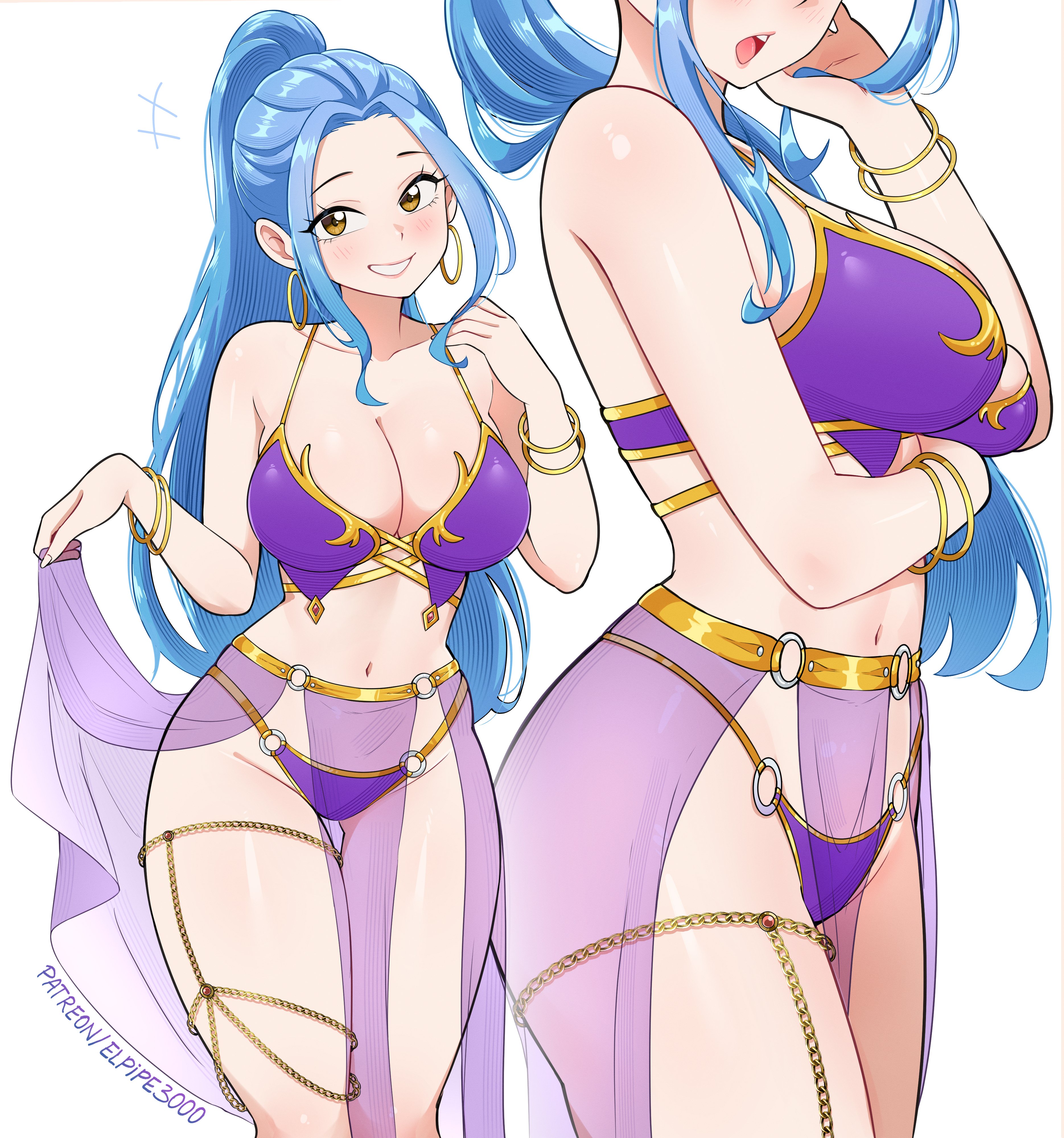 1girls, amber eyes, belly dancer, belly dancer outfit, blue hair, blue-haired female, blush, breasts, cleavage, clothing, elpipe3000, female, female only, harem girl, harem outfit, huge breasts, loincloth, long hair, nefertari vivi, one piece, ponytail, revealing clothes, royalty, see-through loincloth, toei animation, voluptuous