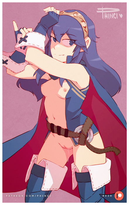 adjusting_clothes adjusting_gloves alternate_costume artist_name blue_eyes blue_gloves blue_hair boots breasts cape casual_nudity eyebrows_visible_through_hair eyes_visible_through_hair female fingerless_gloves fire_emblem fire_emblem_awakening gloves gluteal_fold long_hair looking_at_viewer lucina_(fire_emblem) navel nintendo nipples no_panties no_pants phinci pink_background pussy_juice pussy_juice_trail sleeveless smile solo stomach thigh_boots thighhighs tiara