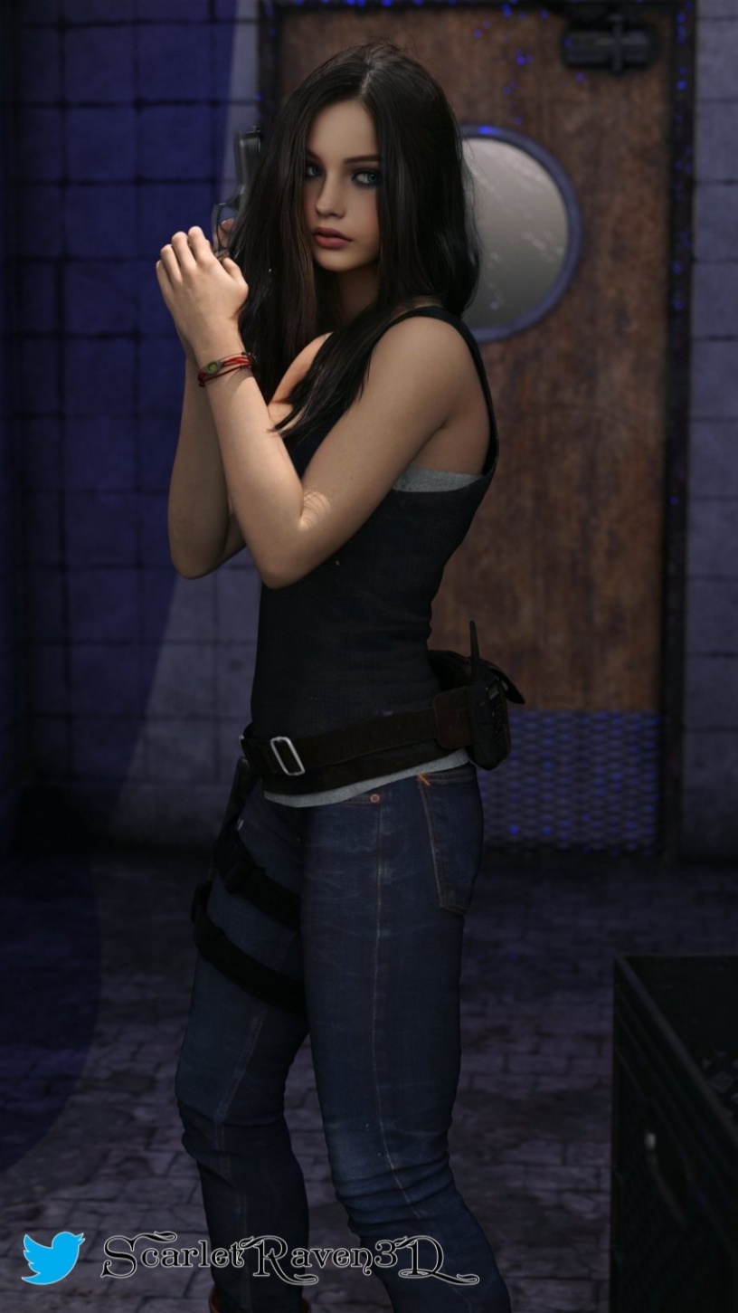 3d bare_shoulders belt black_hair blue_eyes bracelet brick_wall denim female gun handgun holster indoors jeans jewelry lips long_hair looking_at_viewer nose pants pistol realistic solo standing weapon