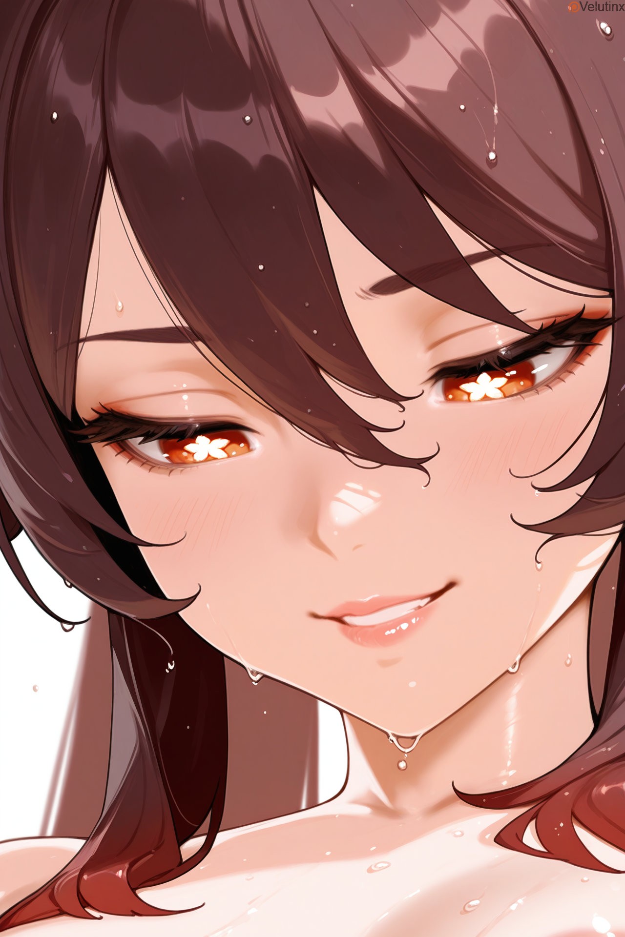 1girls, absurd res, absurd resolution, absurdres, ai generated, bangs, blush, brown hair, close-up, closed mouth, eyelashes, female, genshin impact, hi res, high quality, high resolution, highres, hu tao (genshin impact), looking down, mesugaki, red eyes, smirking, smug, sweat, sweating, symbol-shaped pupils, velutinx