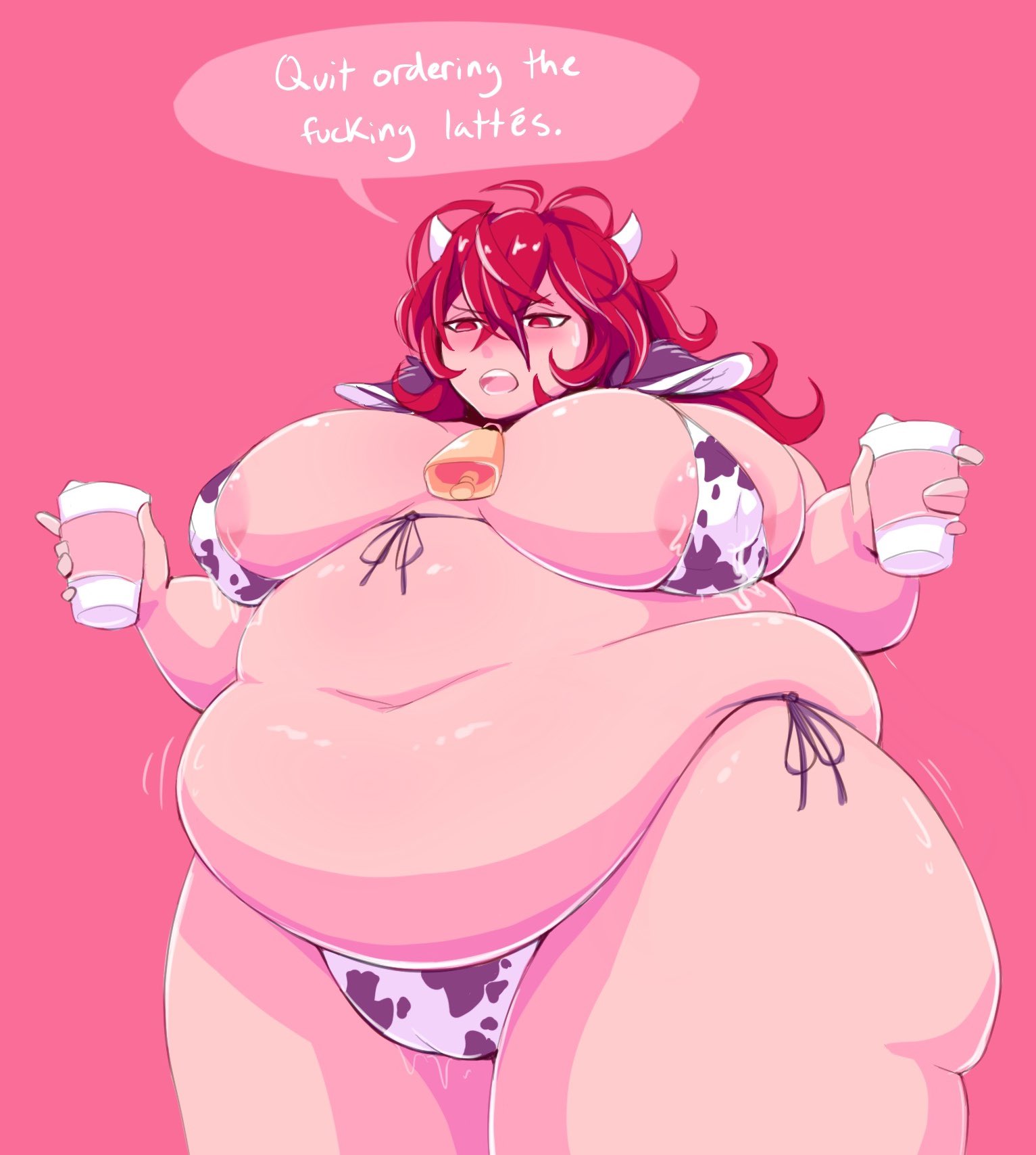 1girls, bbw, breasts, cow print, dialogue, diluc (genshin impact), fat, fat rolls, female, female only, geep, genshin impact, huge breasts, lactation, lactation through clothes, morbidly obese, morbidly obese female, overweight, overweight female, rule 63, text, wedgie, weight gain