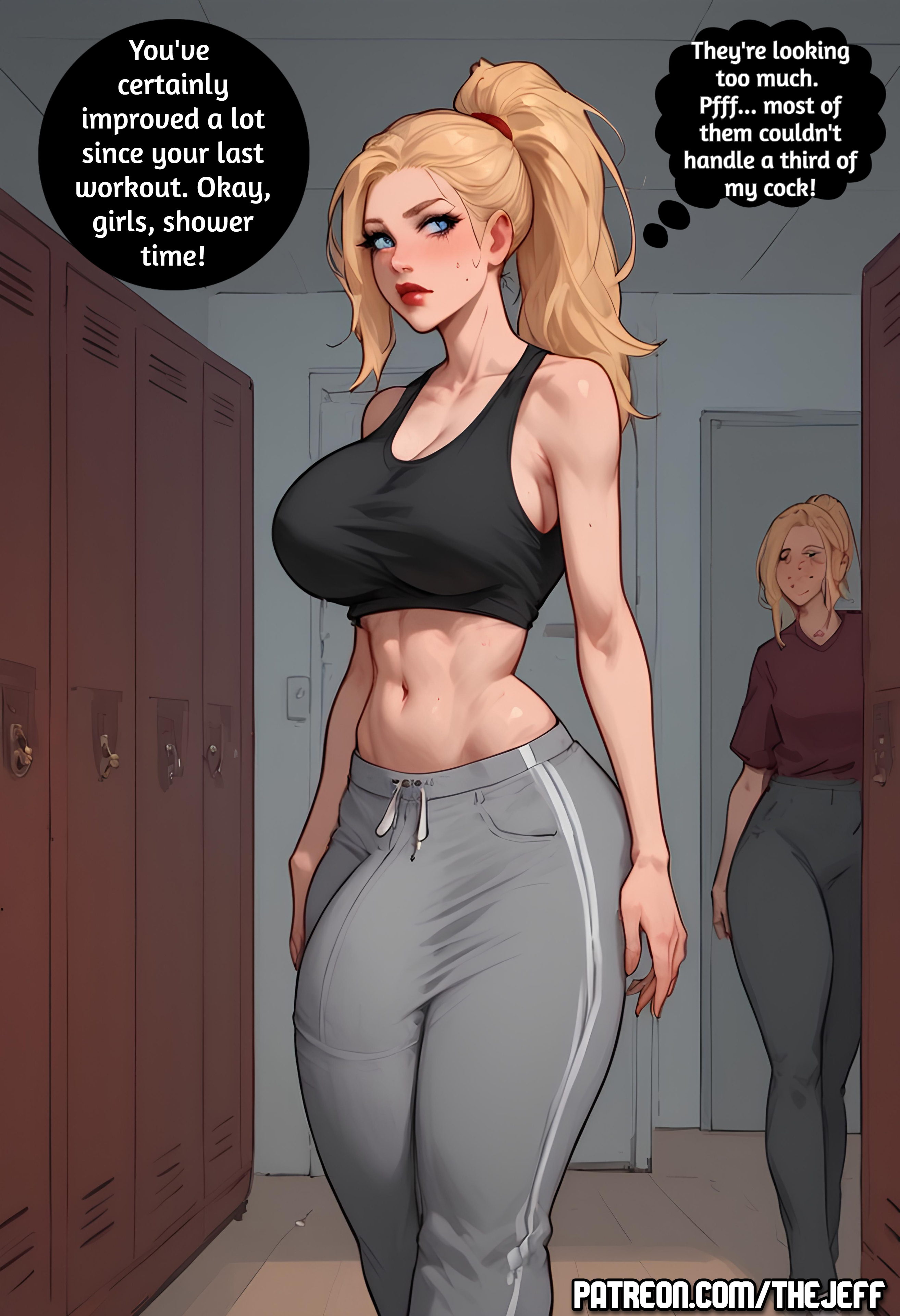 1futa, ai generated, blonde hair, blue eyes, bulge through clothing, dickgirl, dressed, futanari, huge cock, intersex, large penis, locker room, long penis, penis, ponytail, red lipstick, story at source, story in description, tagme, text, text bubble, the jeff, twitter link