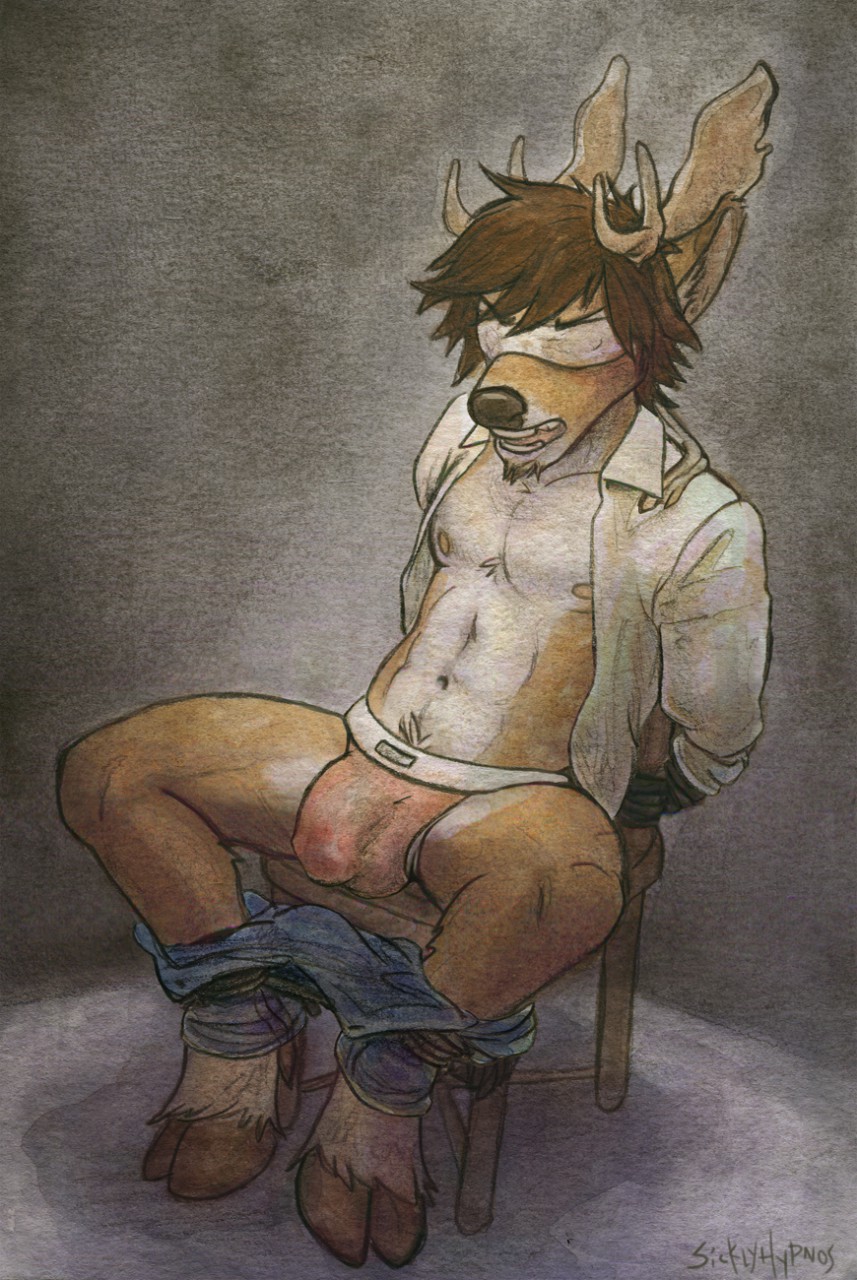 2015 abs anthro antlers blind_folded brown_hair bulge cervine chair chair_bondage clothed clothing cloven_hooves facial_hair goatee hair hands_bound hooves horn jegermaistro jockstrap male male_only mammal navel nipples open_mouth open_shirt pants_down partially_clothed pecs penis_outline sicklyhypnos solo submissive_male underwear